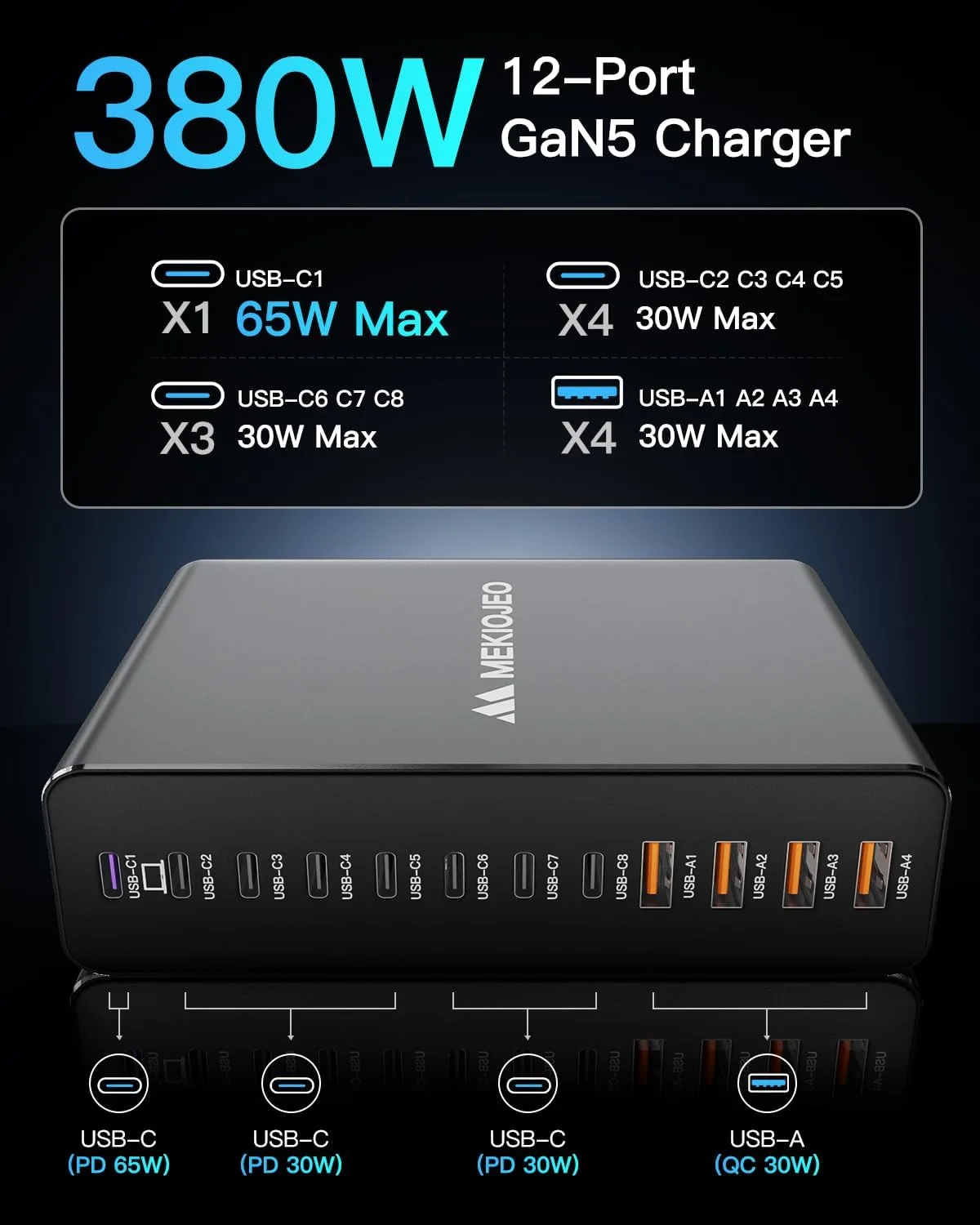 12 Ports Aluminum Alloy MEKIOJEO 380W Charging Station USB C Charger Block