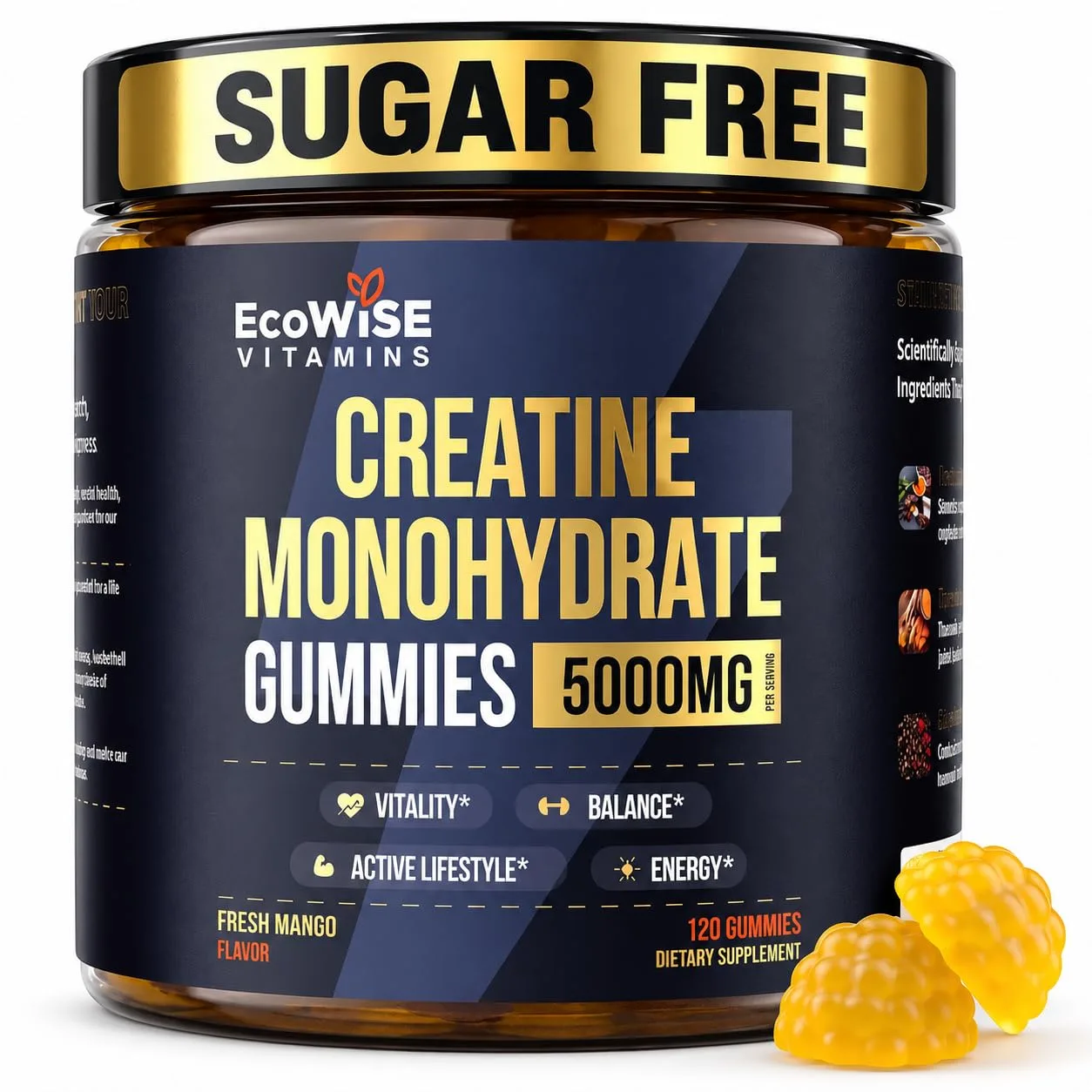 ECOWISE VITAMINS Creatine Monohydrate Gummies 5000 mg per Serving, Mango Flavor, with Turmeric Root & Black Pepper, Sugar Free, Vegan Creatine Gummies, 120 Gummies, 30 Servings