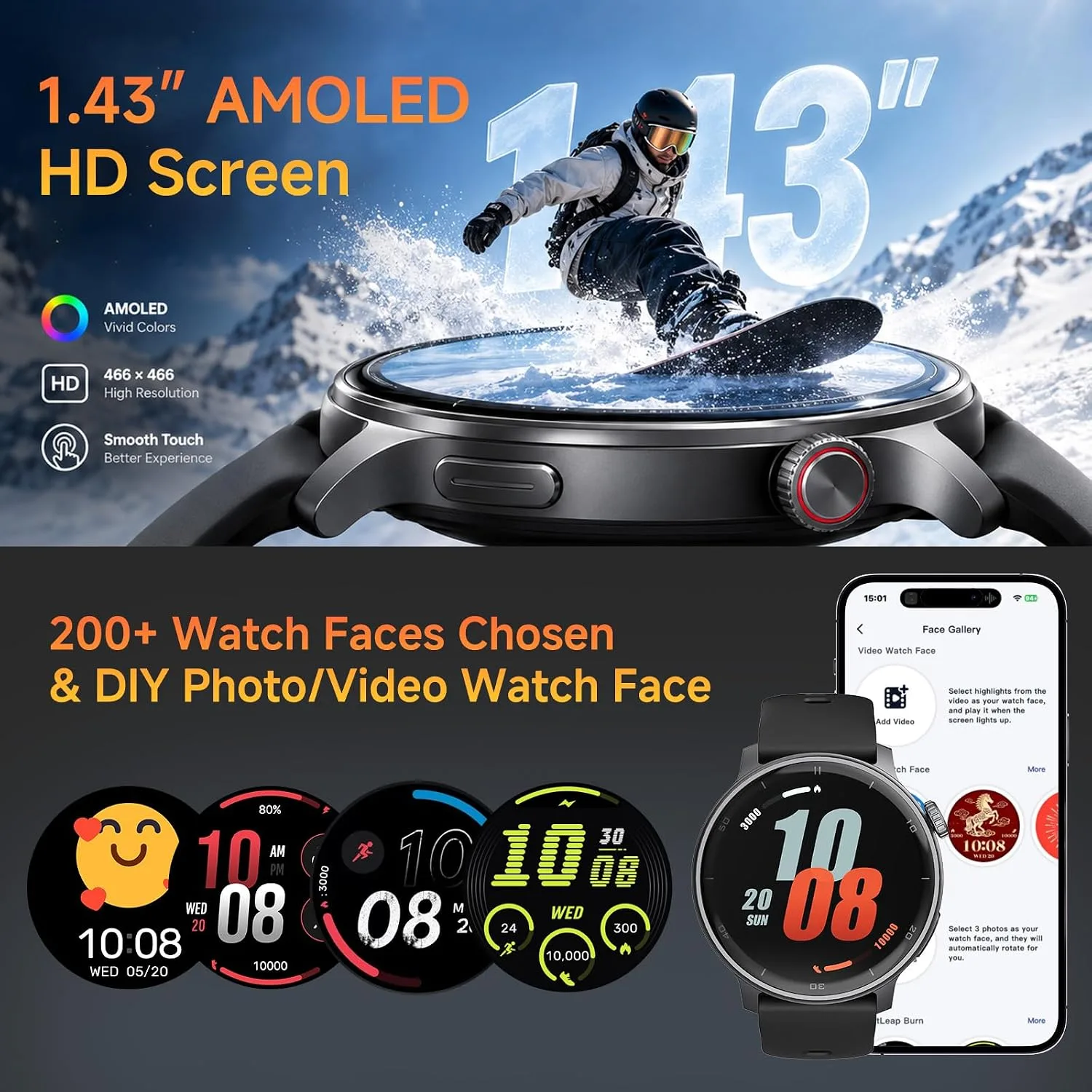 Smart Watches for Women Men Built-in GPS, 1.43" AMOLED HD Screen Smartwatch