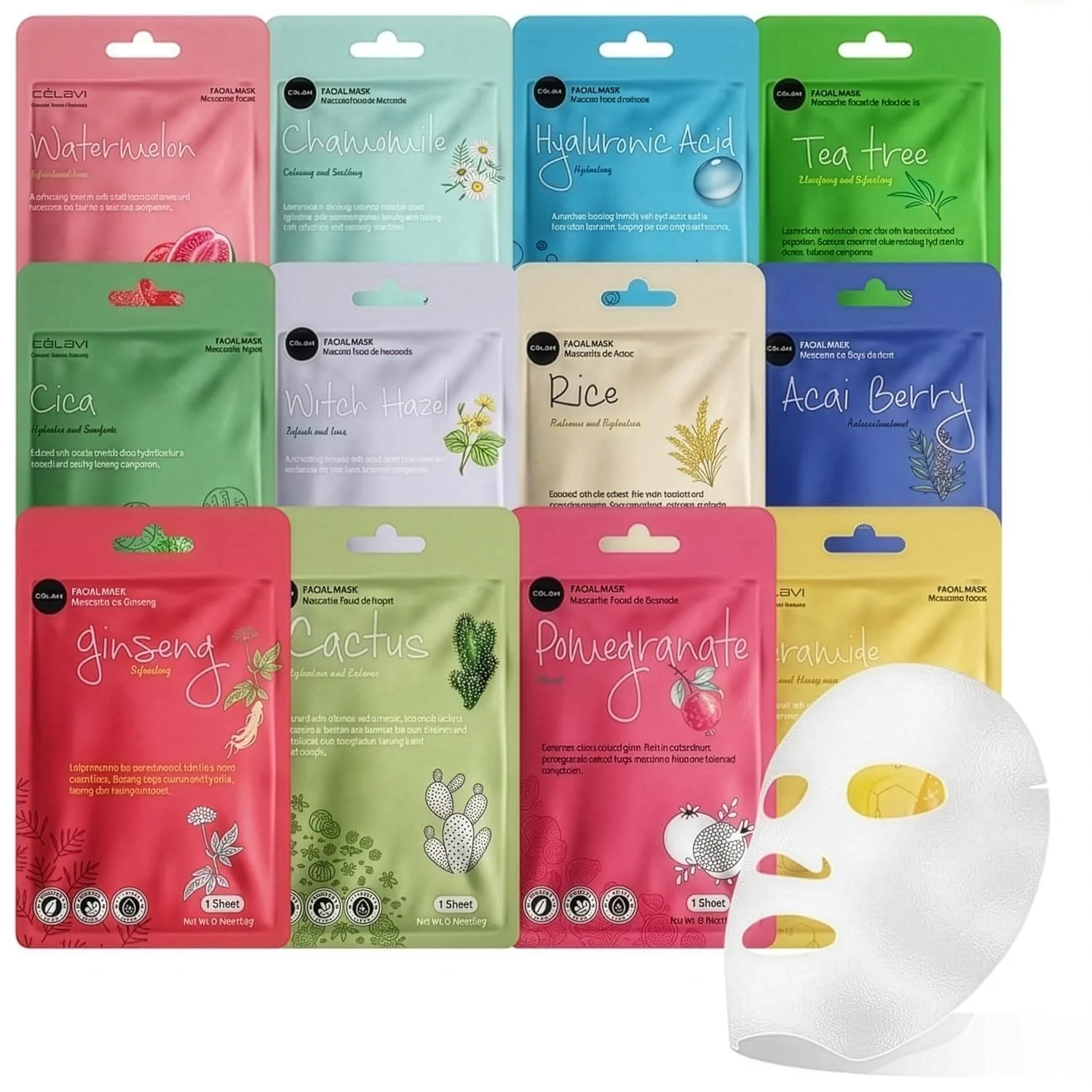 Celavi Korean Face Mask Sheet Set, Spa Masks, 12 Pack Cica
