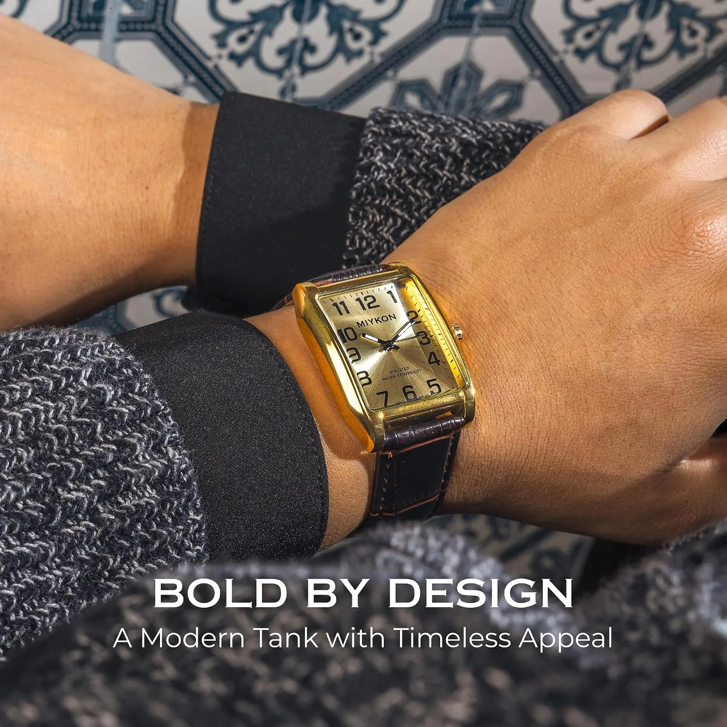 Miykon Men Vintage Tank Dress Watch, Genuine Leather Strap, Water Resistant