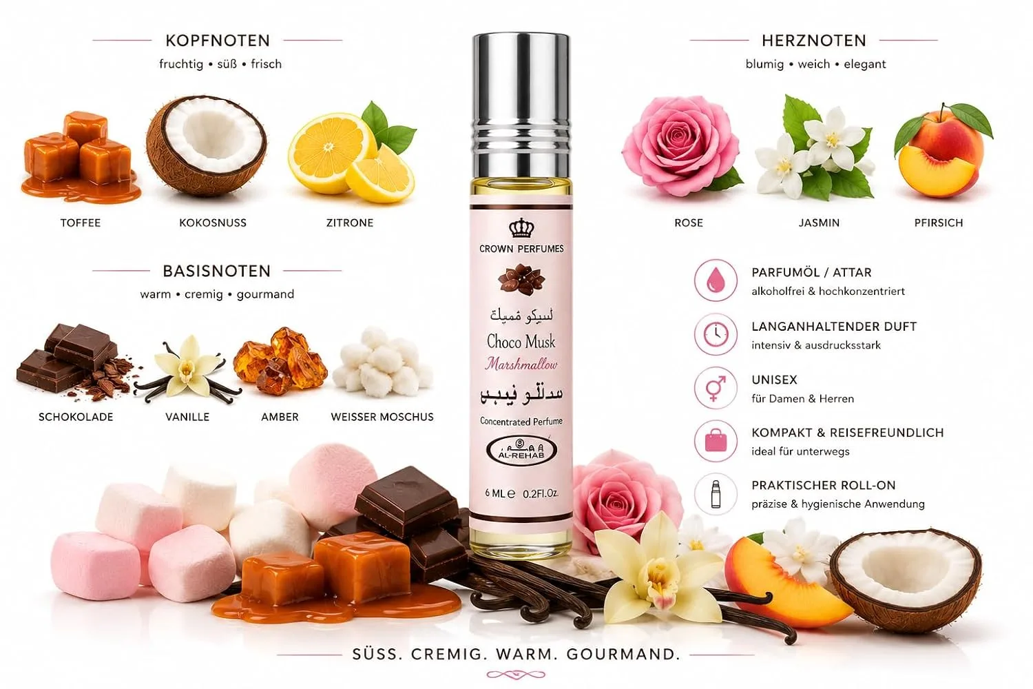 Al Rehab Choco Musk Marshmallow – Sweet Chocolate-Vanilla Concentrated Perfume Oil Roll-On for Unisex, 0.2 Ounce / 6ml