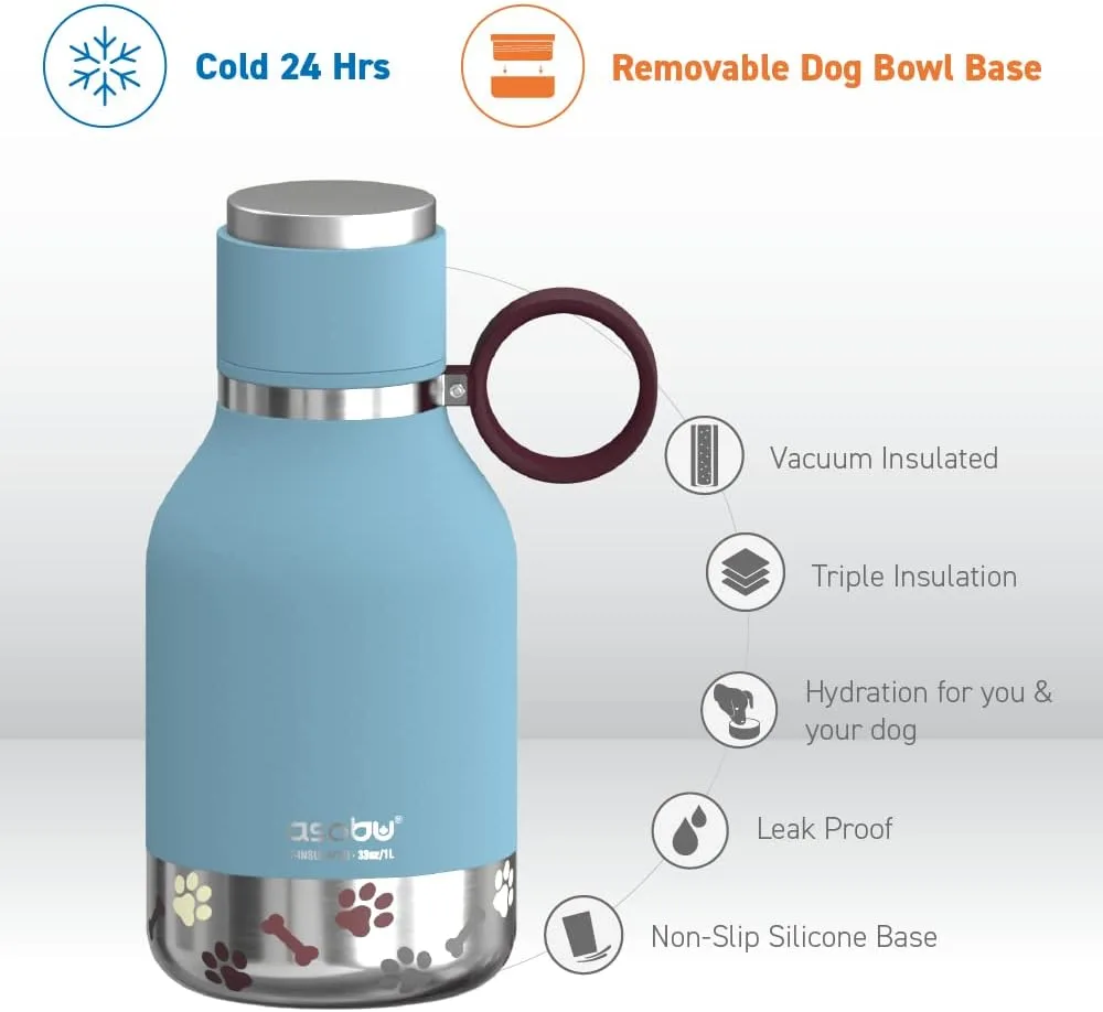 Asobu Dog Bowl Attached to Stainless Steel Insulated Travel Bottle for Human 37oz/1.1 Liter (Blue)