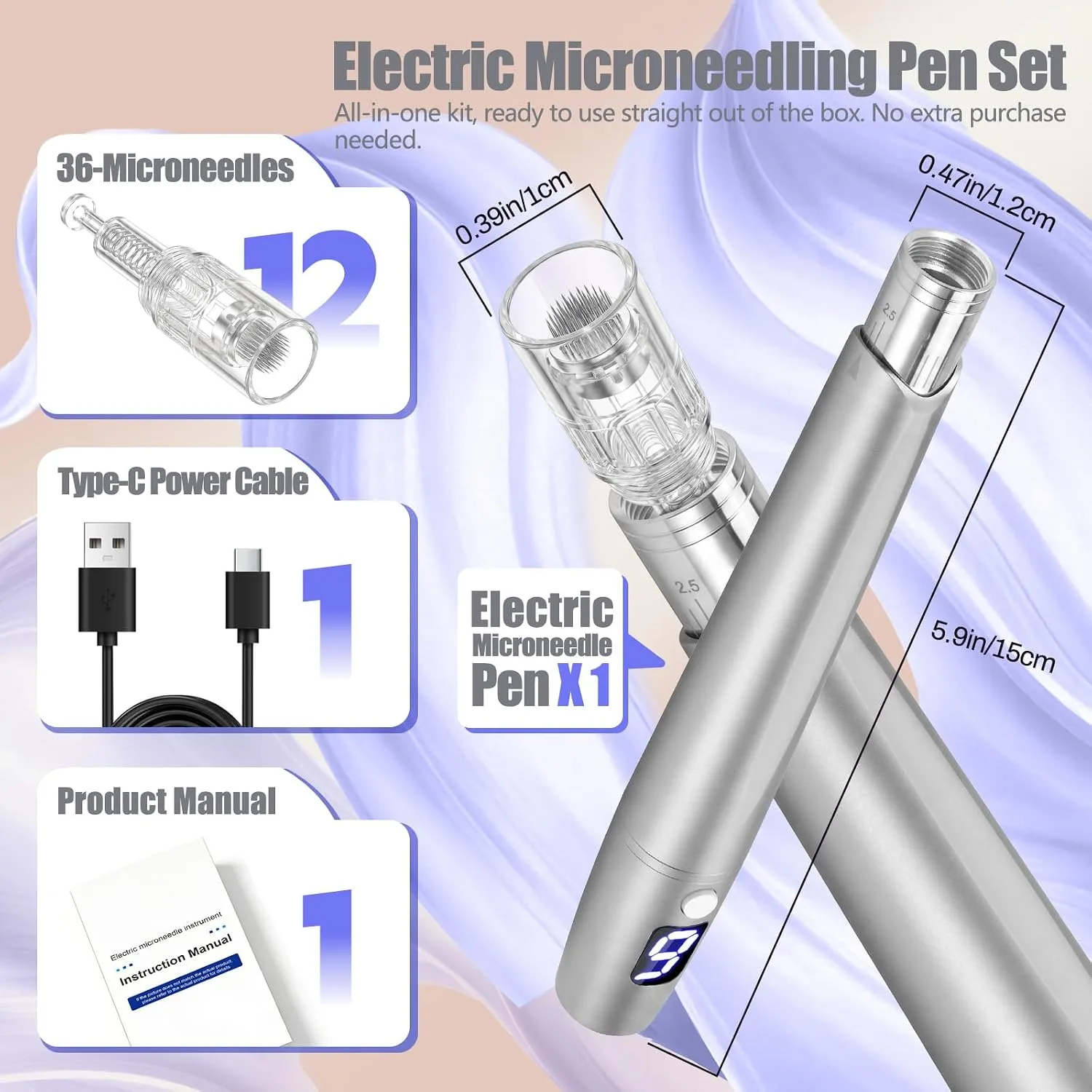 Microneedling Pen Derma Roller Pen for Face & Scalp,0.25mm Micro Needling Tool with 12 Pcs Cartridges, Home Use Derma Pen Microneedle Skin Care Kit for Women Men（Silver）