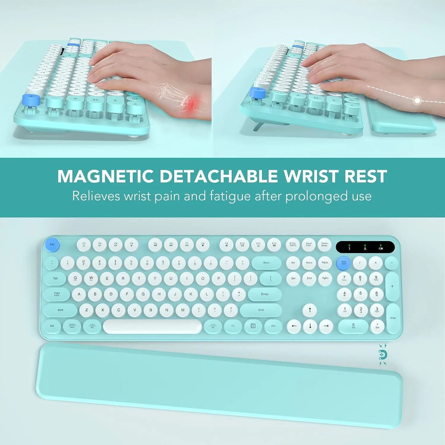 Wireless Keyboard, Round Keycaps, Retro Typewriter Keyboard with Detachable Wrist Rest, Sleep Mode, Foldable Legs, 2.4GHz Full-Size Cordless Computer Keyboard for Windows/PC/Laptop (Tiffany Blue)