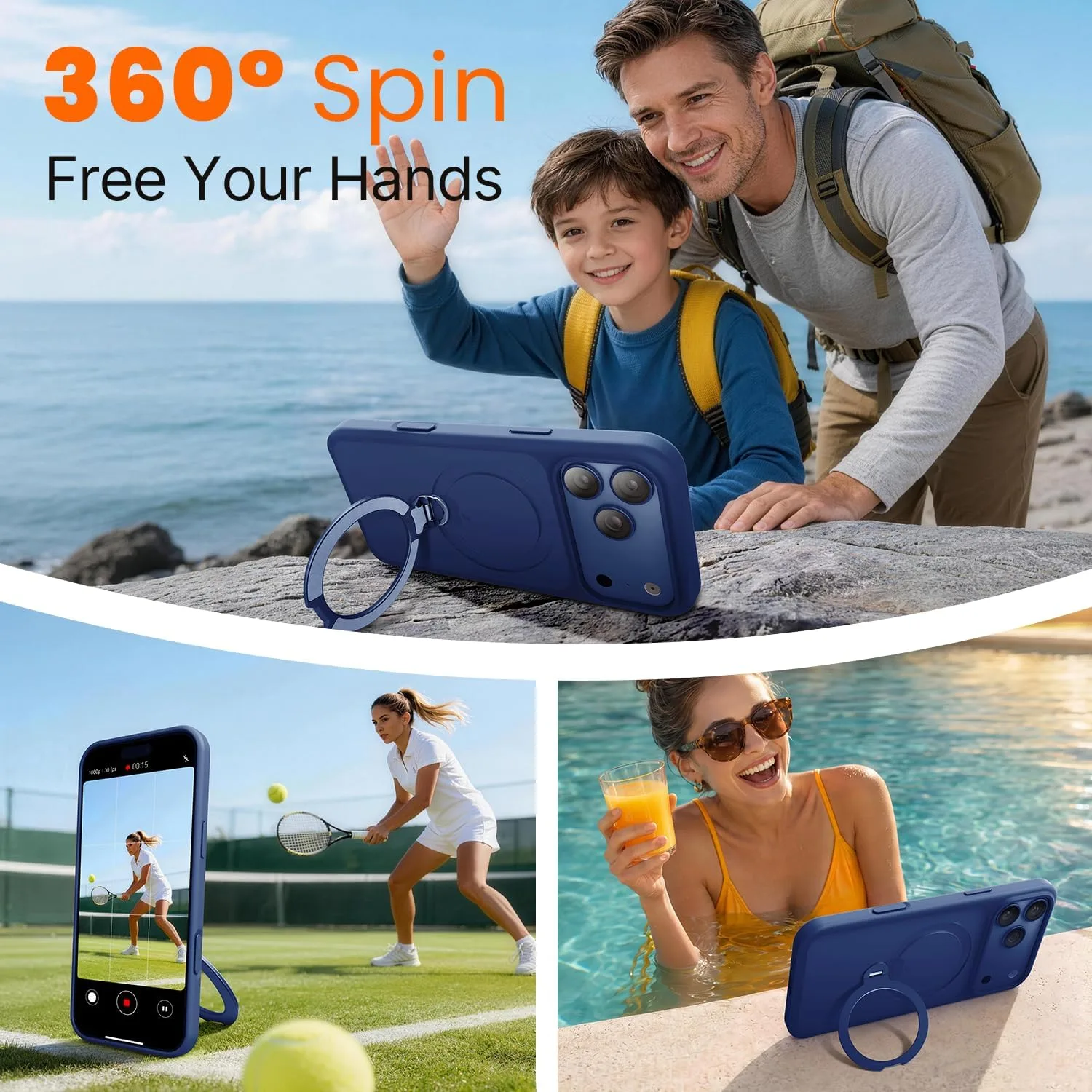 Mkeke for iPhone 18 Pro Max/17 Pro Max Case Blue [360 Spin Magnetic Stand]