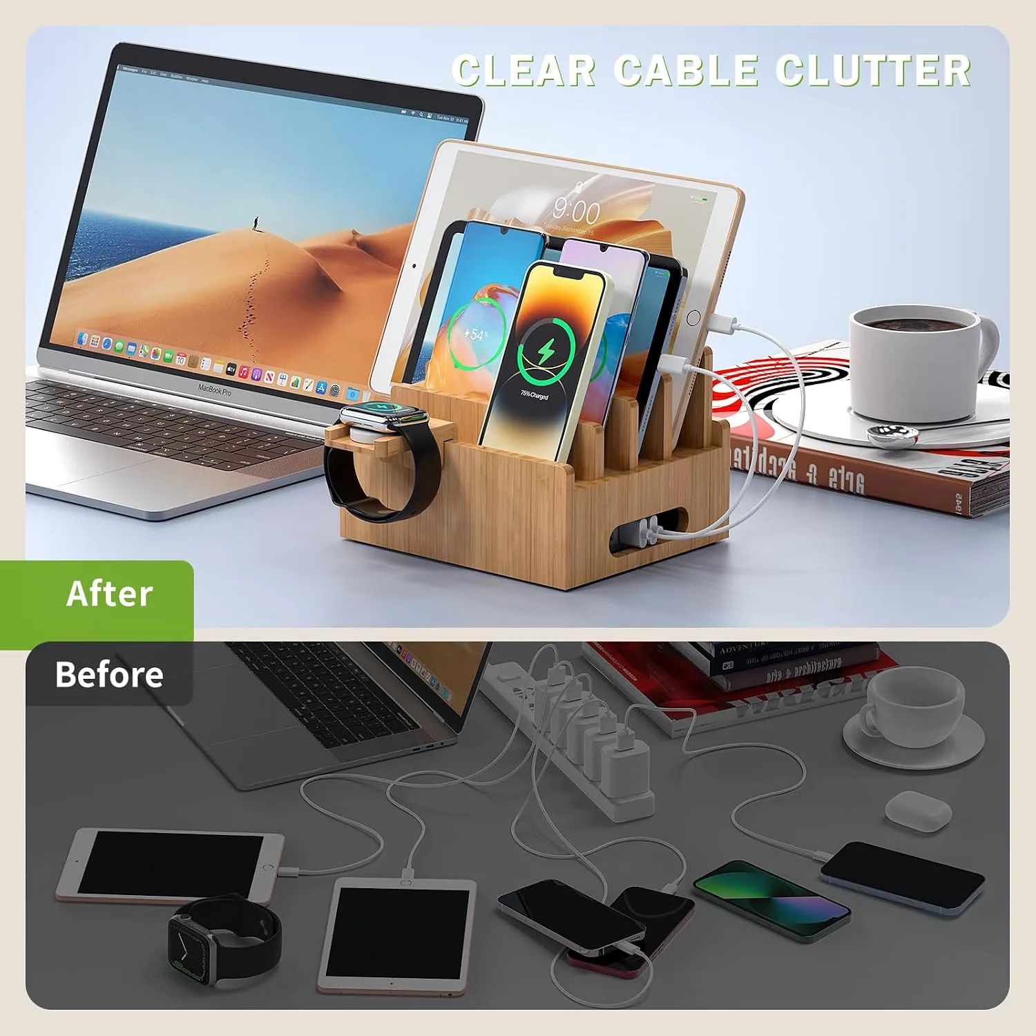 Pezin & Hulin Bamboo Charging Stand with Pack 5 Cables-Natural Bamboo
