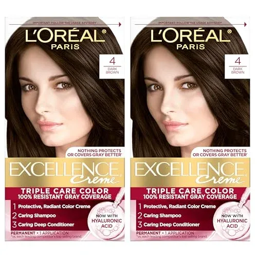 L'Oreal Paris Excellence Crème Permanent Hair Dye, Triple Care Hair Color with Hyaluronic Acid for 100% Gray Coverage, 4 Dark Brown, 1 Kit (Pack of 2) (Packaging May Vary)