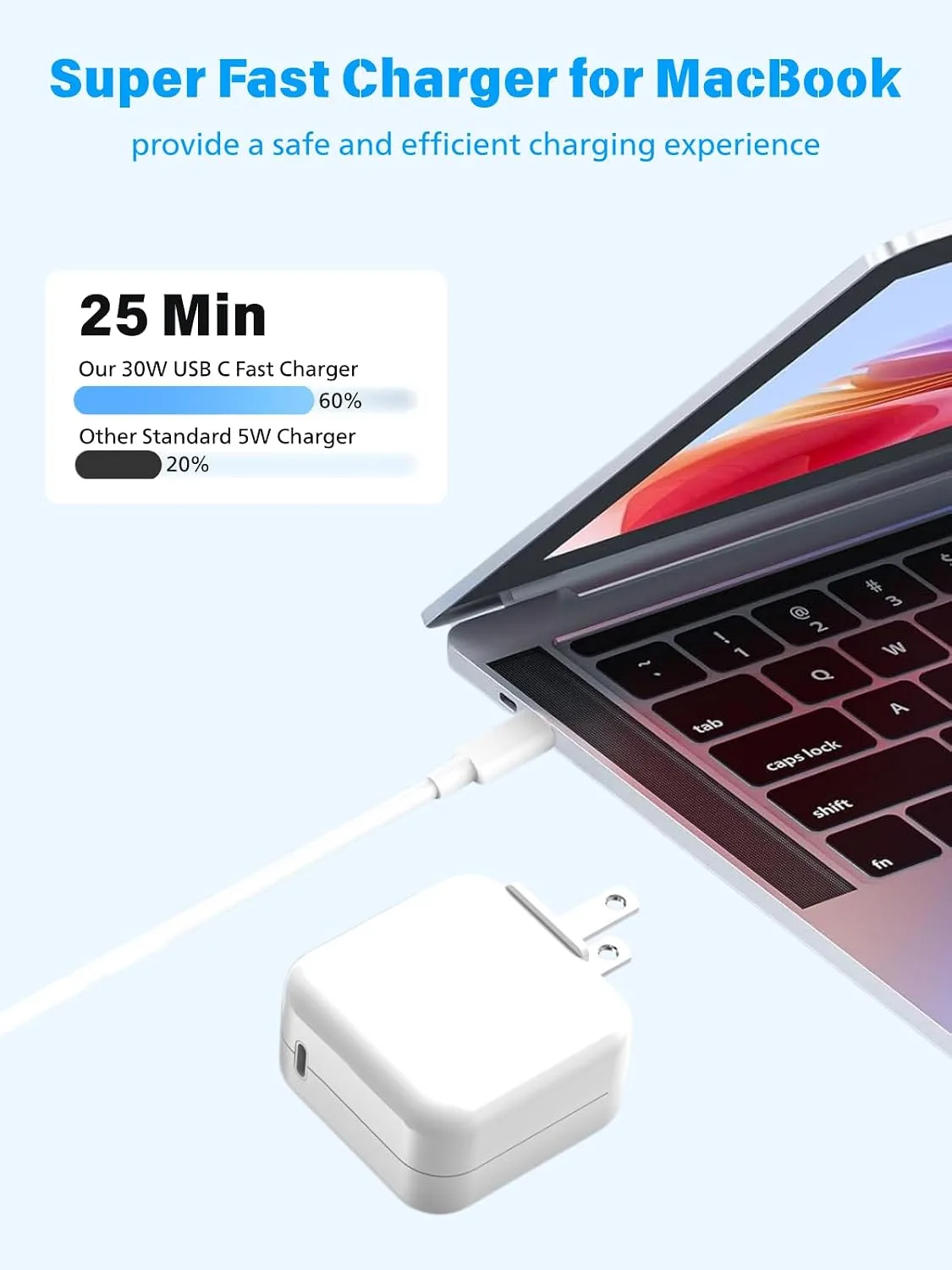 Mac Book Air Charger Fast Charging 30W USB C Power Adapter USB C Cable 10FT