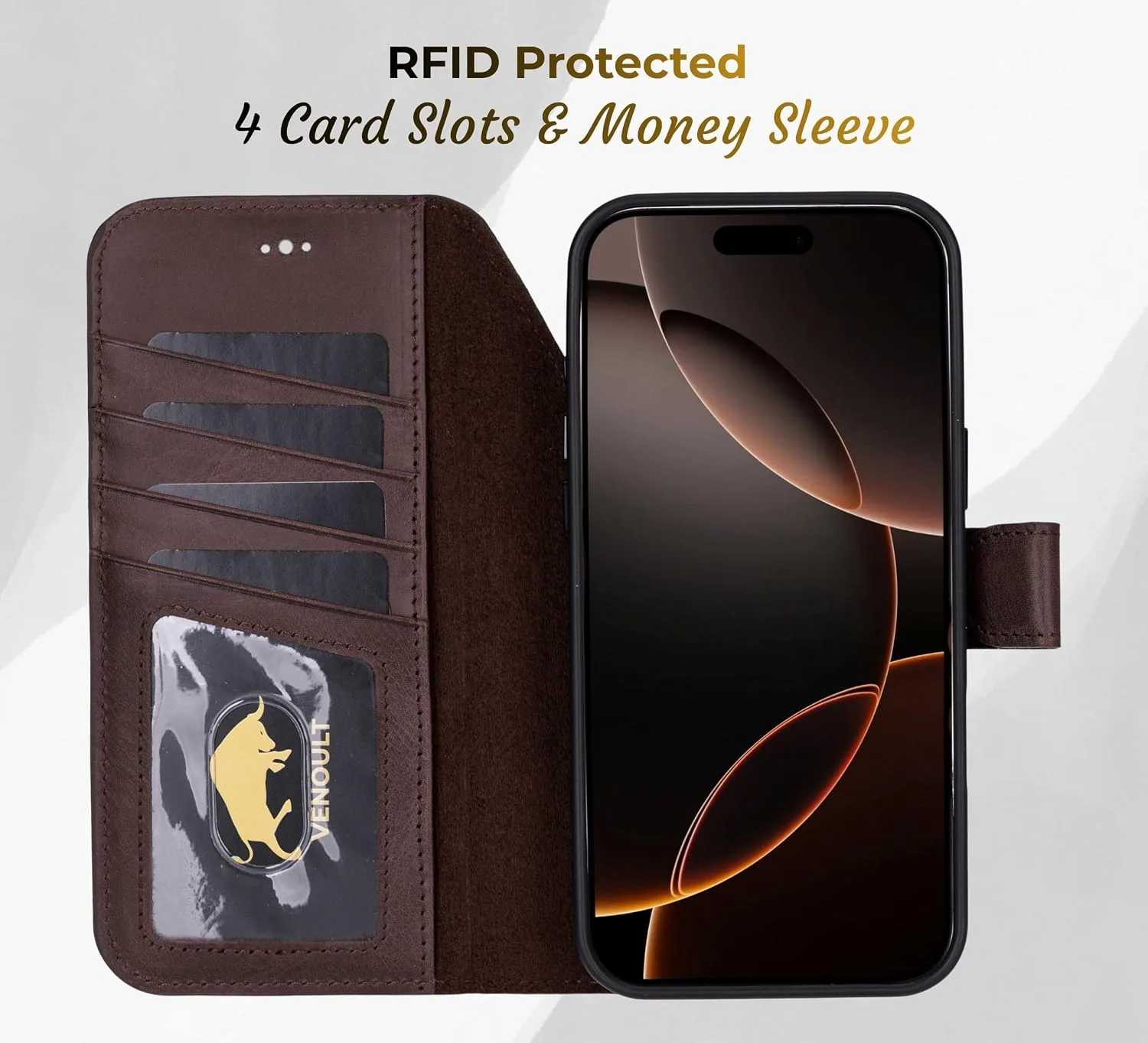 VENOULT Detachable Wallet Case for iPhone 18/17 Pro, Full Grain Leather