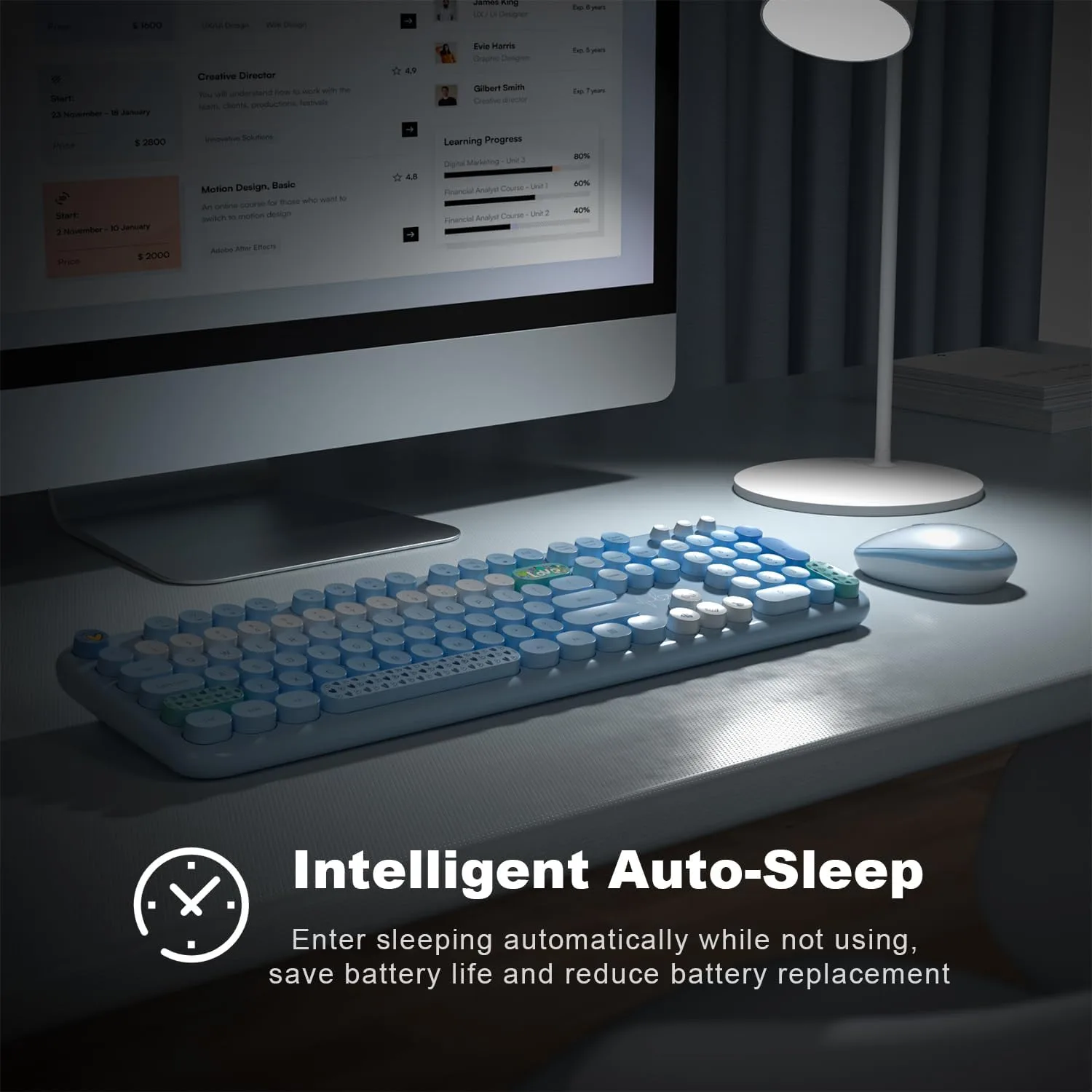 MOFII Wireless Keyboard and Mouse Combo, Full Size 2.4G Plug and Play Typewriter Retro Round Computer Keyboard and Mouse Set for Windows, Computer, Desktop, PC, Notebook - (Blue Colorful)