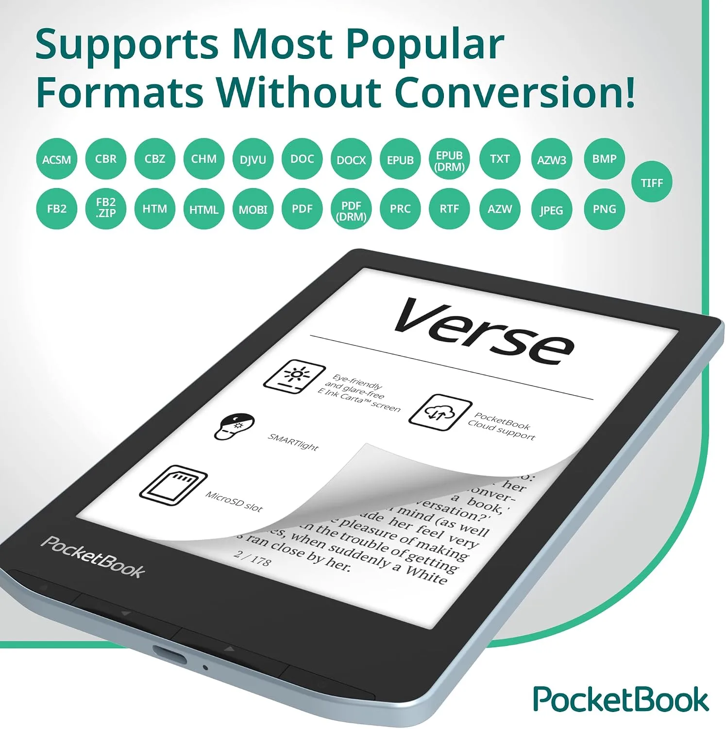 PocketBook Verse E-Reader | Eye-Friendly 6'' E-Ink Carta™ HD Touchscreen | Adjustable SMARTlight | Up to 1 Month of Battery Life | WiFi & Memory Card Slot | E-Book Reader in Bright Blue