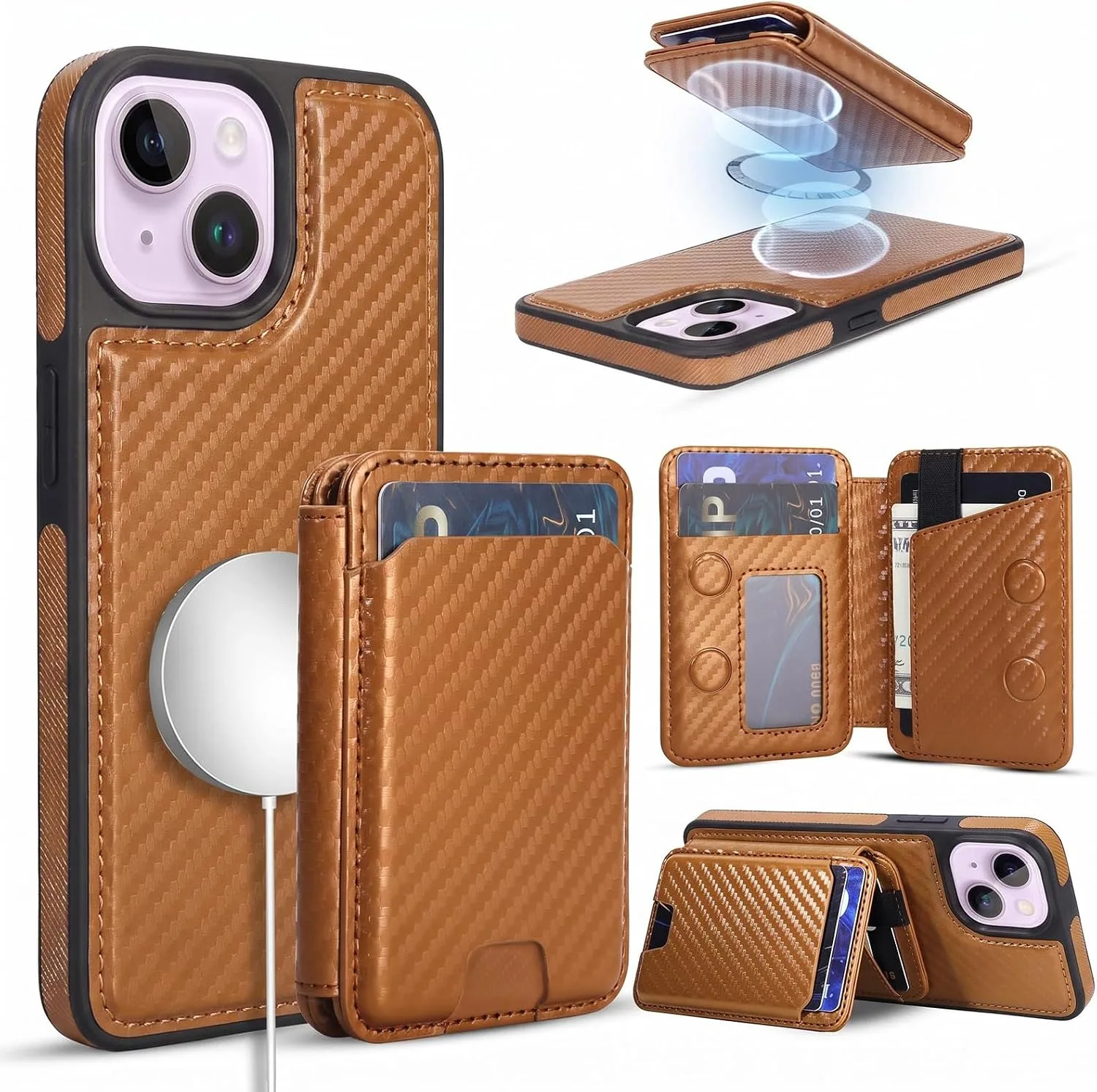 Magnetic Detachable Wallet Case for iPhone 15/14 Plus with Kickstand,2-in-1 MagSafe Compatible RFID Blocking Card Holder,Slim PU Leather Cover Carbon Coffee