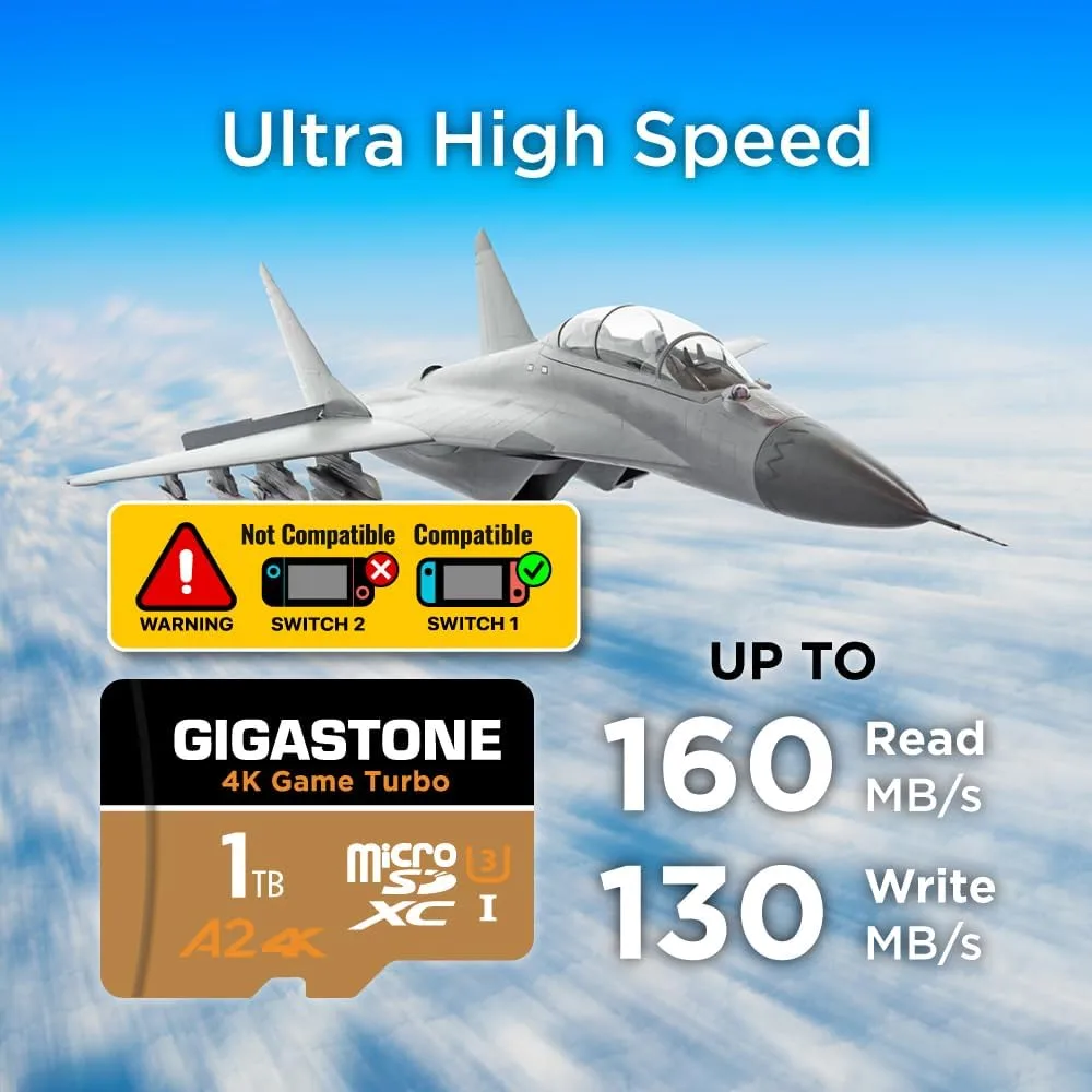 【for Switch 1 Only】 GIGASTONE 1TB Micro SD Card, 4K Game Turbo, up to 160/130 MB/s, Memory Card for Gaming Console, Action Camera, UHD Video UHS-I U3 A2 4K C10【5-Yrs Free Data Recovery】