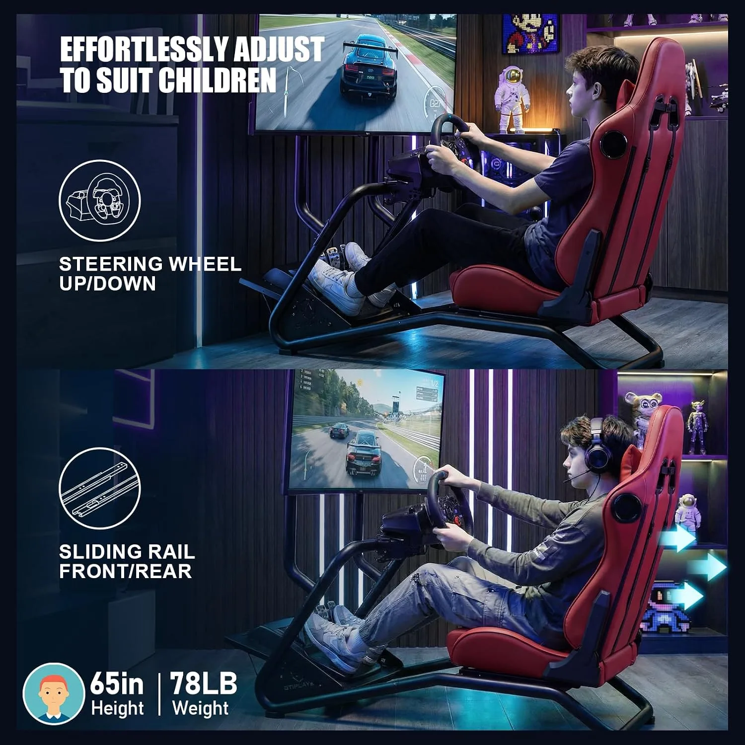 GTPLAYER Racing Simulator Cockpit with Monitor Stand and Seat and Bluetooth Speakers, Racing Style Reclining Seat and Ultra-Sturdy Alloy Steel Frame Racing Wheel Pedals NOT Included, Winered