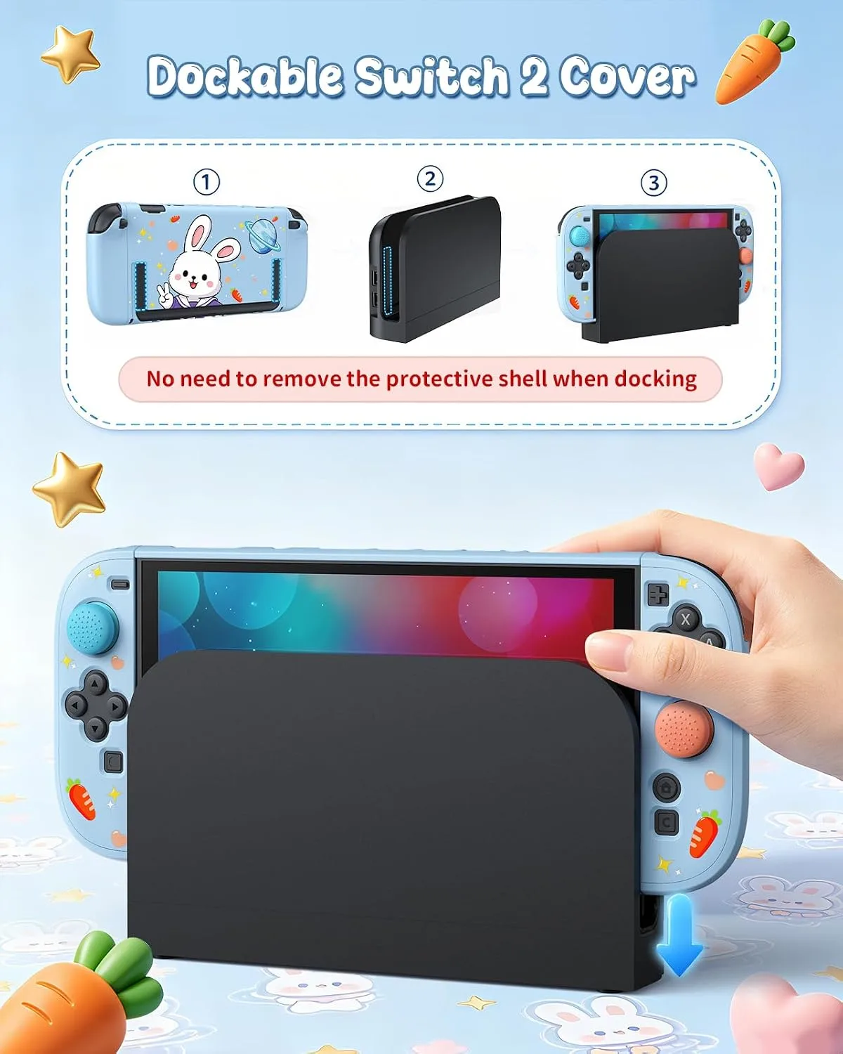 Switch 2 Cute Case,FYOUNG Dockable Kawaii Blue Bunny Protective Cover Shell