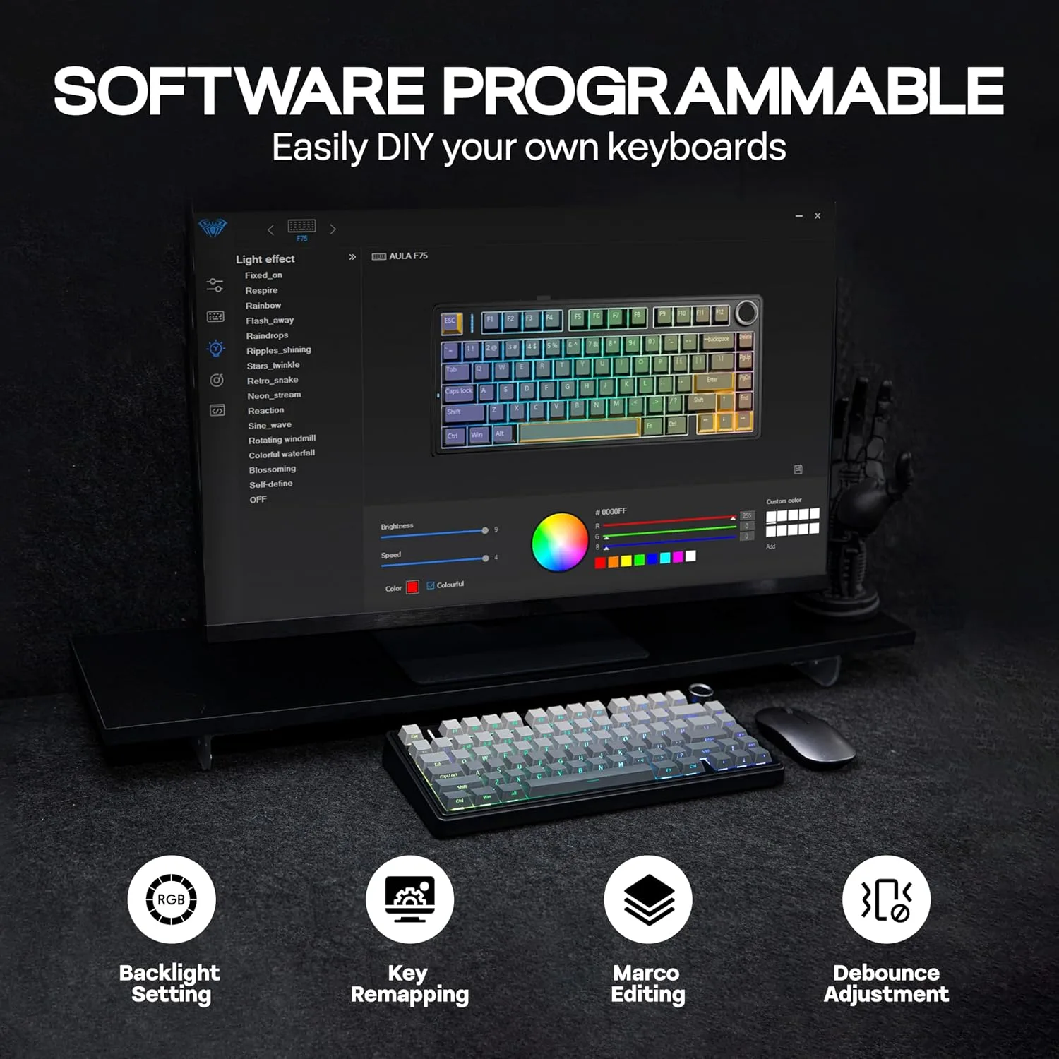 MechLands Aula F75 PRO 75% Wireless Gaming Keyboard, Gasket Mechanical Custom Keyboard with Five-Layer Padding, BT/2.4GHz/USB-C, Hot Swappable, Knob, RGB, Reaper Switches (Gradient Black)