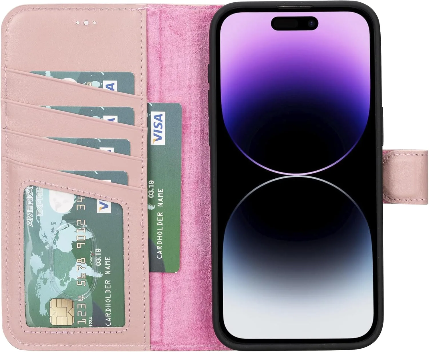 VENOULT Wallet Case for iPhone, Full Grain Genuine Turkish Leather, Magnetic Detachable, RFID 4 Card Slots, Business Style, Compatible with MagSafe (Sweet Pink, iPhone 16 Pro)