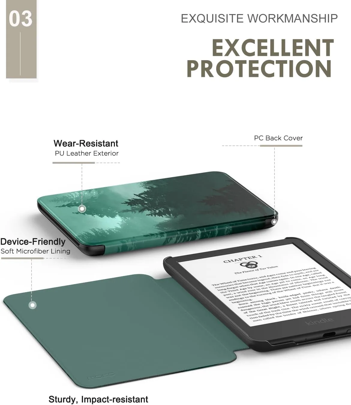 MoKo Case for 6" Amazon Kindle Basic 11th Gen 2024/2022, Green Forest