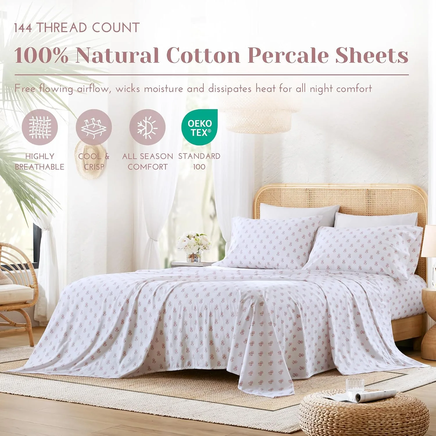 Comfort Spaces 100% Cotton Percale Sheets Queen Size 4 Piece, Floral Pink