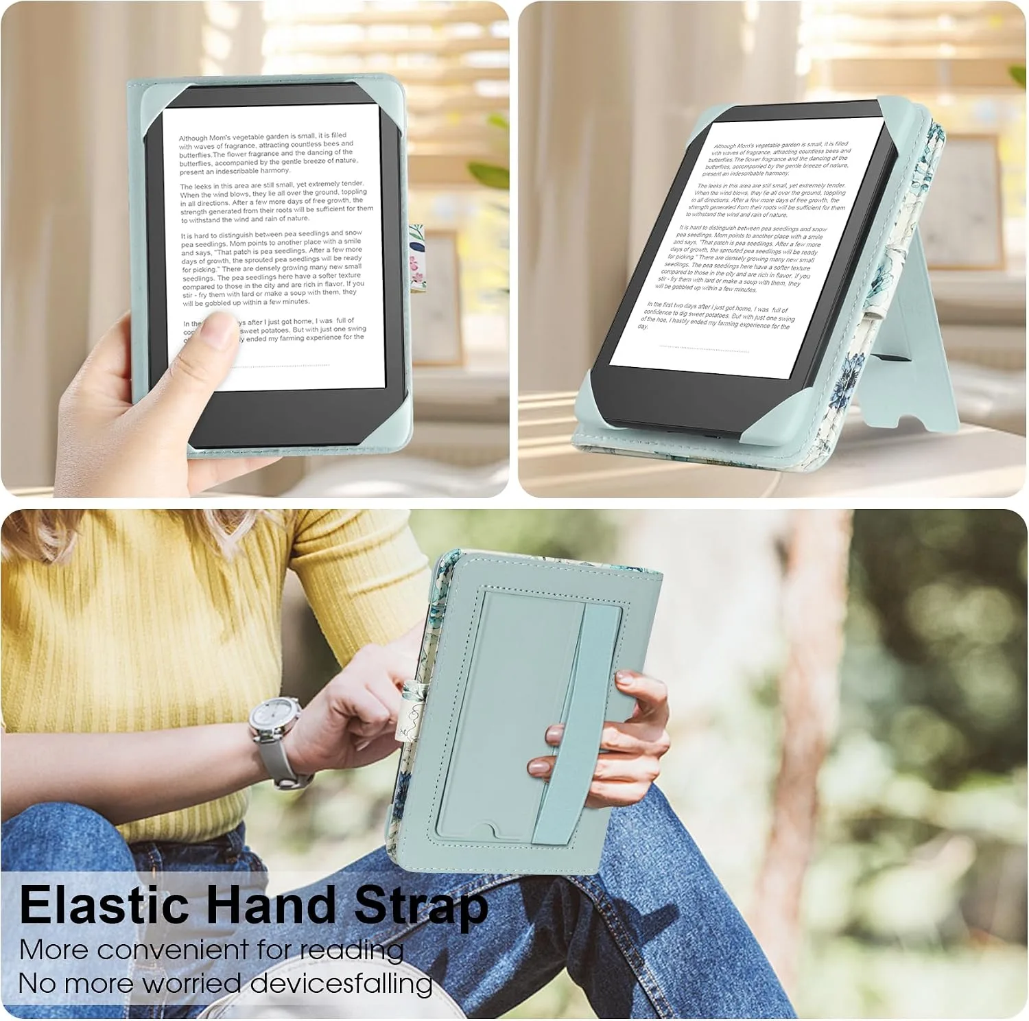 HoYiXi Universal Case for 6 inch eReader,Compatible with Kindle/Kobo Clara HD/Kobo Clara 2E/Paperwhite/Pocketbook/Tolino eReader,with HandStrap/Kickstand, Cover Case for 6'' eReaders,Blue Rose