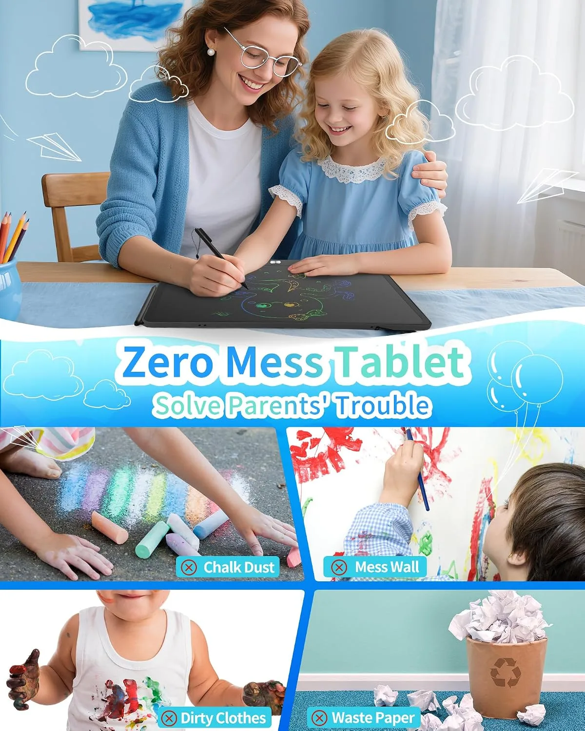 Rechargeable LCD Writing Tablet for Kids, 16 Inch Colorful Drawing Tablet, Educational Toddler Drawing Pad, ​Reusable Learning Toys for Kids (Ages 3-12), Ideal Gift for Christmas Birthday (Black)