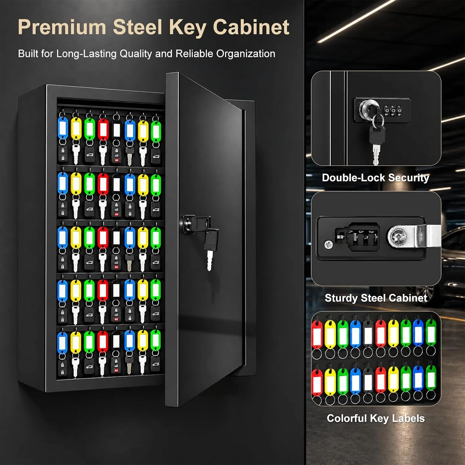 Key Cabinet Lock Box with 131-Keys: Steel Wall Mount Key Box Organizer - Large Storage and Secure Combination Lock Boxes for Home Office Business - Black