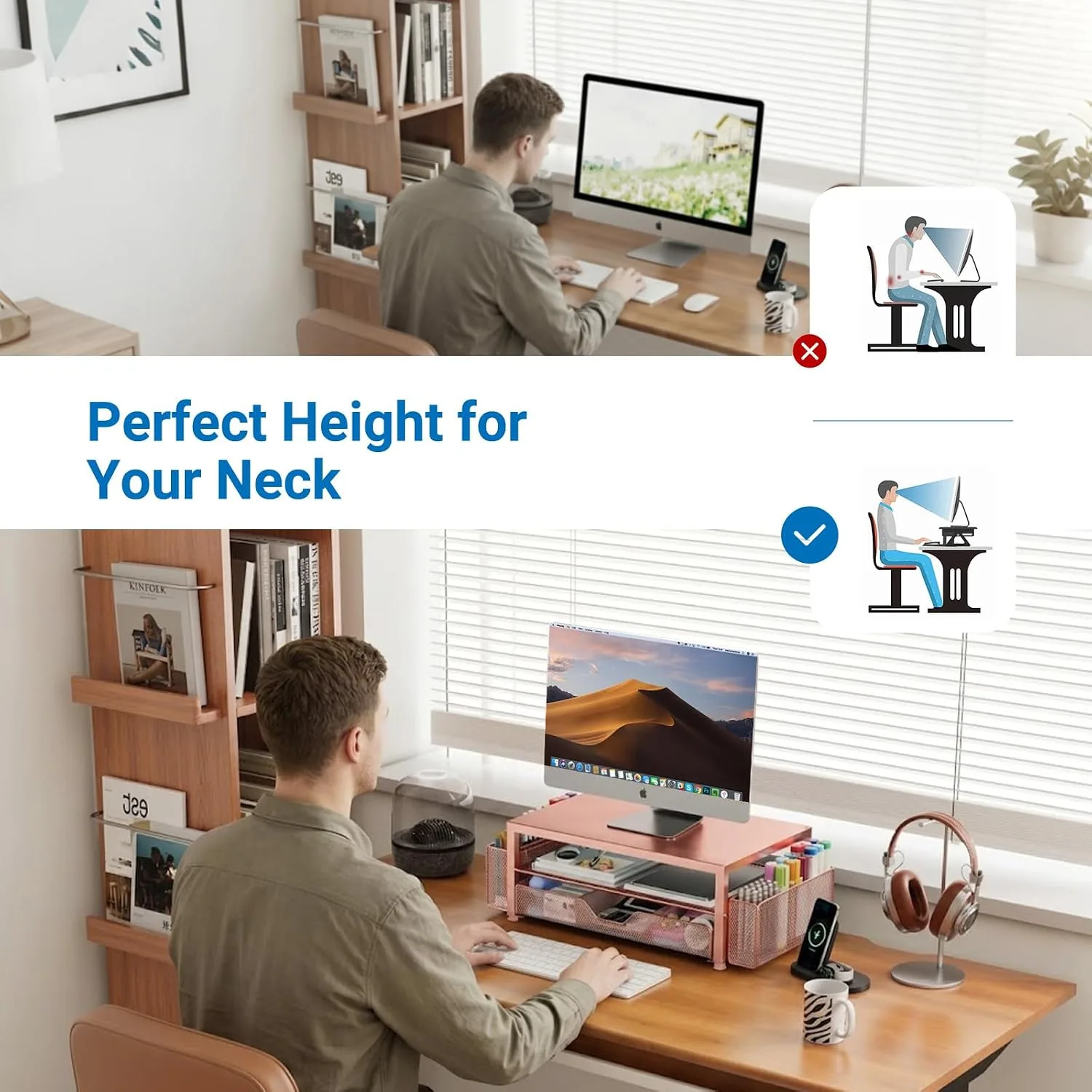 OPNICE Desk Organizer, Monitor Stand Riser with Drawer and 2 Pen Holders