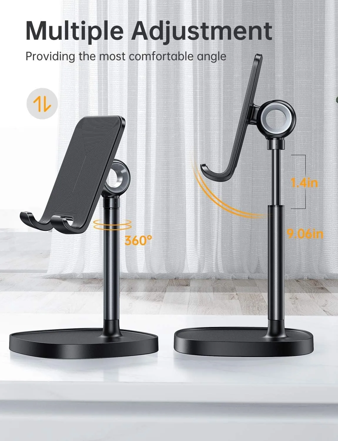 LISEN Cell Phone Stand Adjustable Phone Holer for Desk, Computer Office Desk Accessories for iPhone 16 Holder Women Kitchen Essentials Fits Switch Kindle iPads Tablet 4-10in (Full Black)