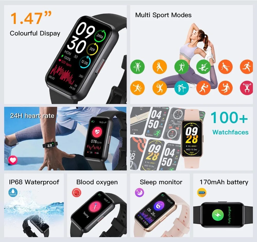 Fitness Trackers,Heart Rate Blood Oxygen Sleep Monitor,1.47‘’ OLED Display,Calorie Pedometer Steps Counter Activity watchs,Smart Band 24/7 Health Monitoring(Black) (DarkBLue)
