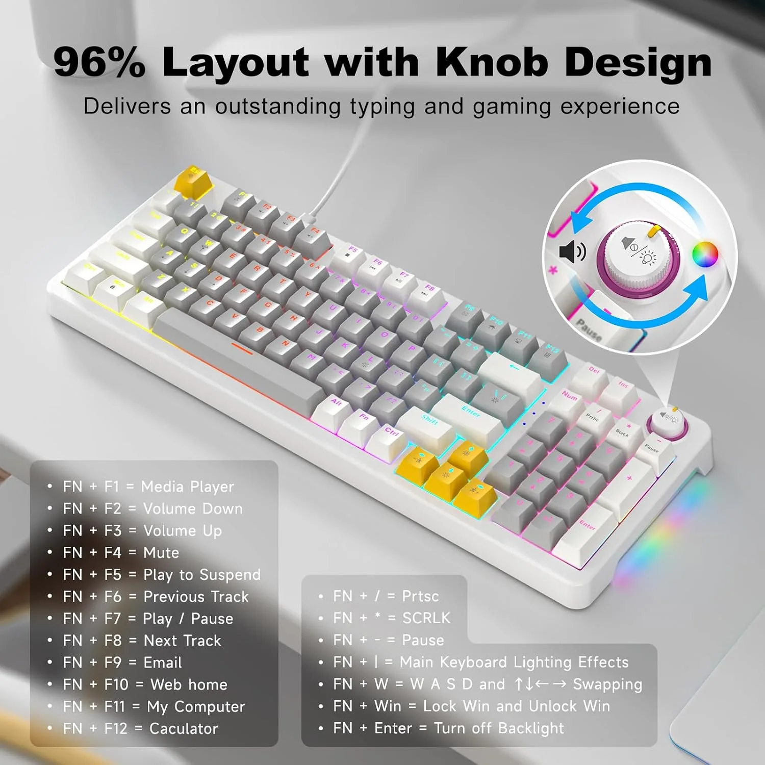 MOFII AK96 Mechanical Gaming Keyboard, Full Keys LED Backlit Programmable, Plug and Play USB A/C Wired Computer Custom Keyboard with Sound/Light Control Knob for Win/Mac - Gray & White