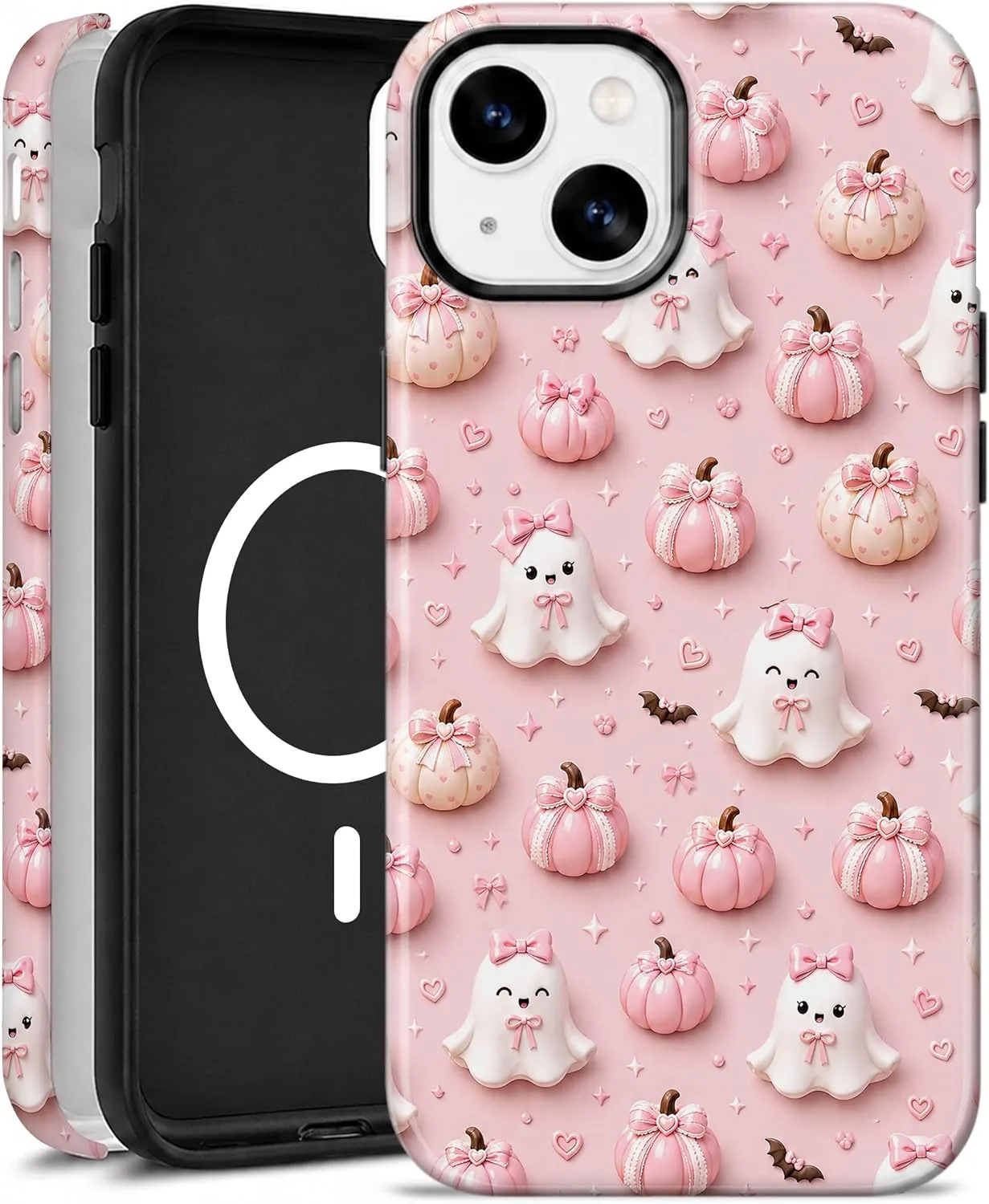 Funda magnética para iPhone 13/14 Elystara diseño Halloween fantasma rosa pastel