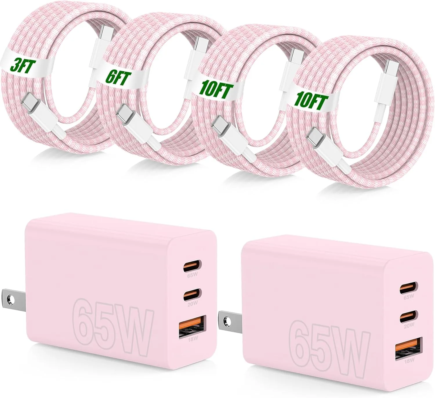 65W Super Fast Charger Type C for Samsung,3 Port 100W Quick Charging 3.0 USB C Block & 3/6/10/10FT Braided Type C Cord for Samsung Galaxy S26 Ultra/S26/S25 Ultra/MacBook Air/iPhone 17 18 Pro-Pink