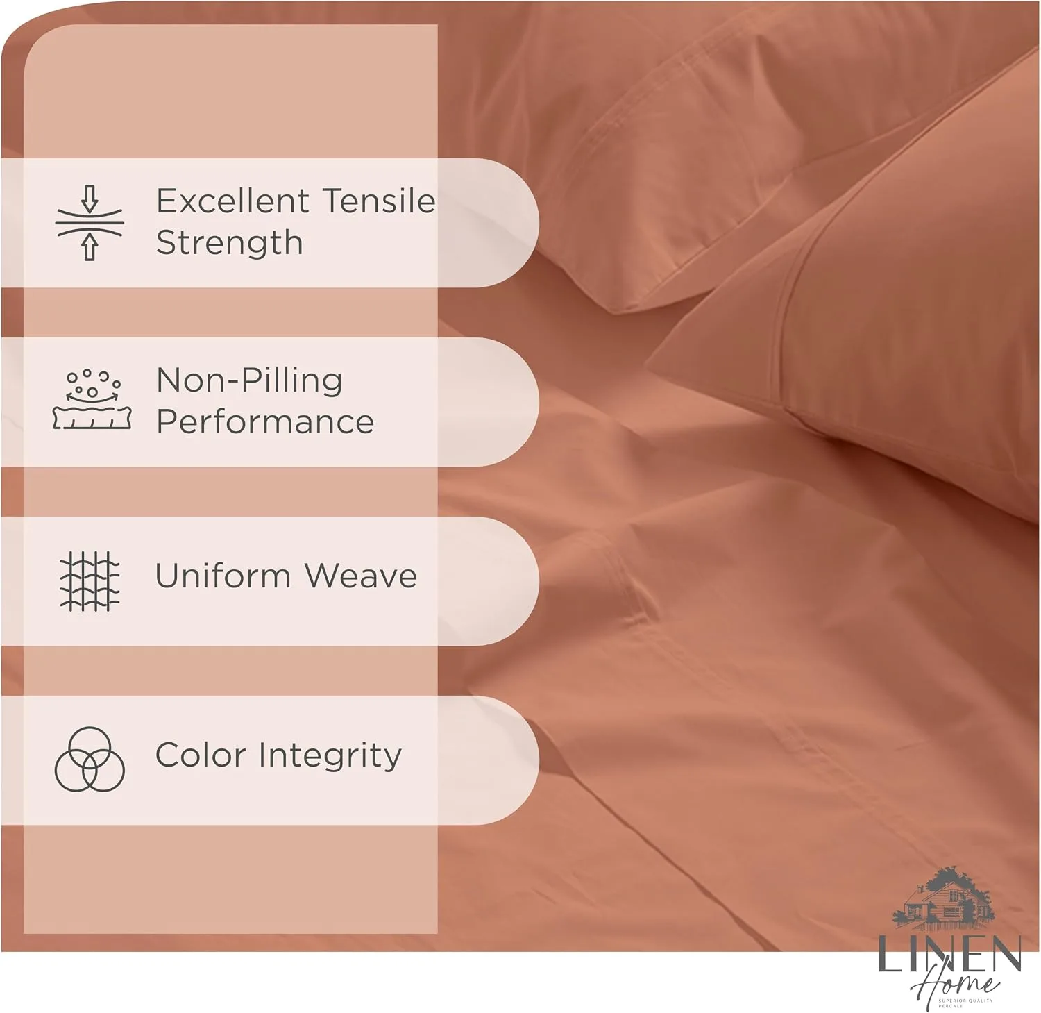 Linen Home 100% Cotton Percale King Sheets, 4 Pc Cooling Set - Tera Clay