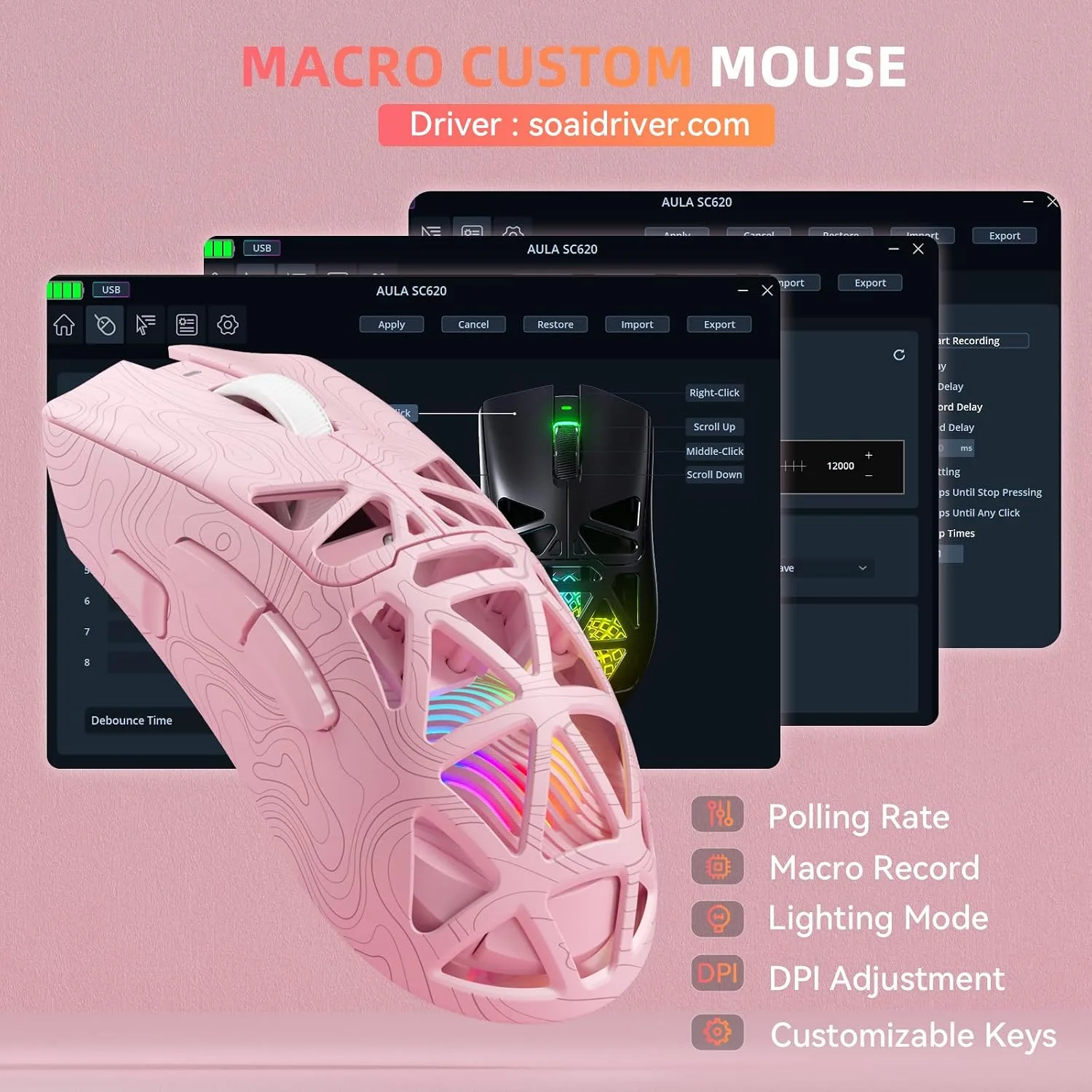 Aula SC620 Wireless Gaming Mouse, Tri-Mode 2.4GHz/USB-C/BT5.3 Computer Mouse with 12000 DPI, Programmable Macro Gamer Mouse with Rapid Fire Key, RGB Light Gaming Mice for PC/Laptop/Mac (Line Pink)