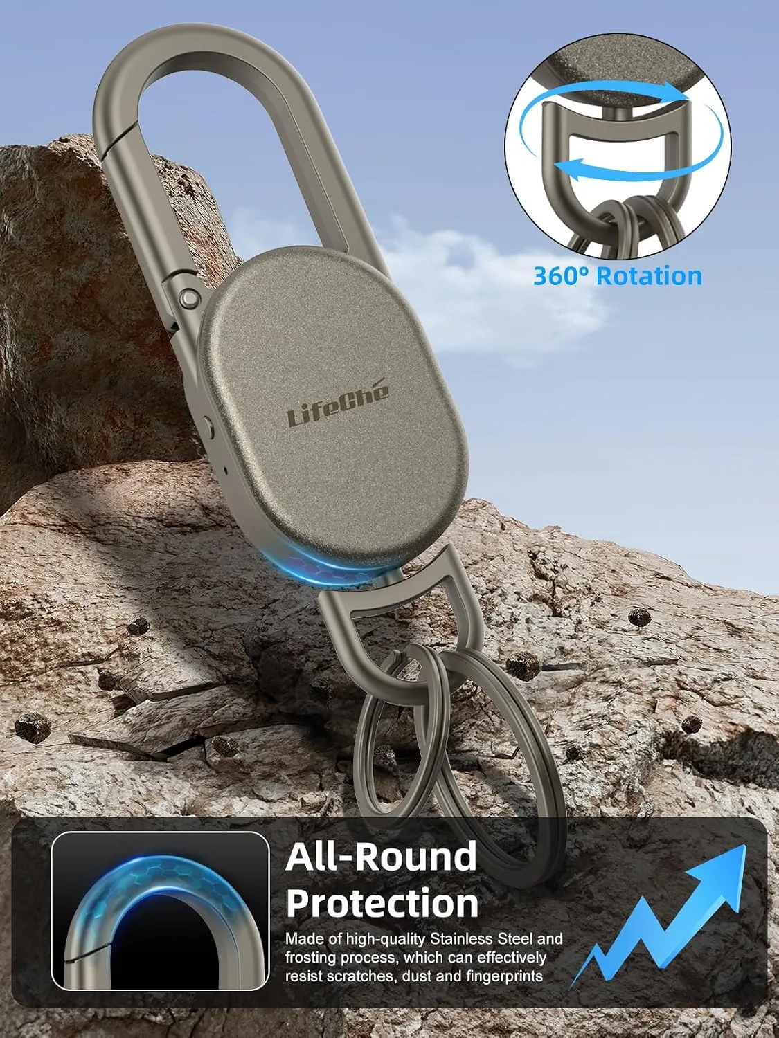 Find My Key Finder, Stainless Steel Keychain, Rechargeable Tracker