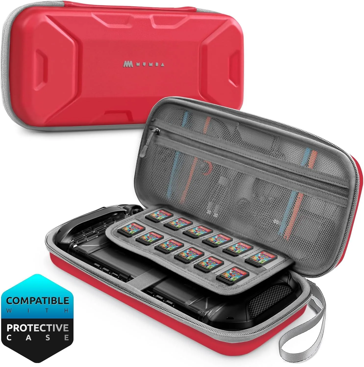 Mumba Carrying Case for Nintendo Switch 2 [Fits Console with Protective Case On][2025 Plus Version] Hard Shell Travel Handbag Pouch with 12 Game Card Slots, Large Capacity for Accessories (Red)