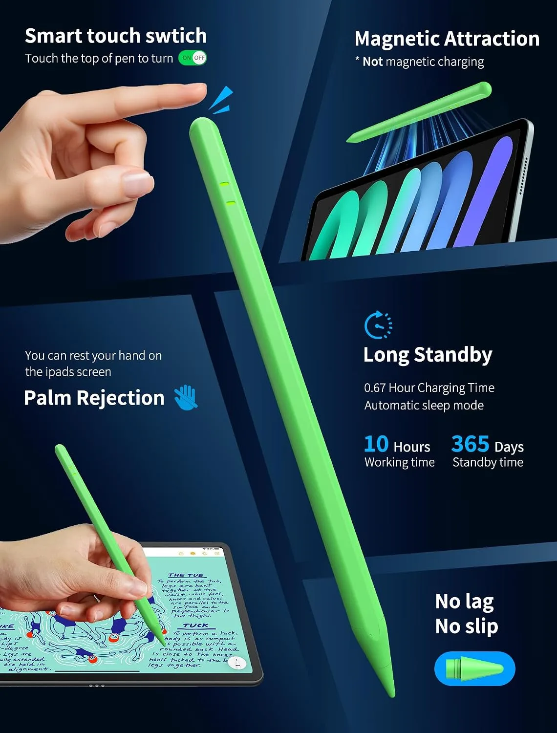 Pencil for iPad A16/11/10/9/8/7/6th, Stylus Pen for iPad 2018-2026, Green
