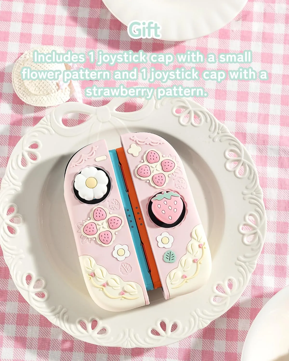 GeekShare Strawberries with Cream Case Compatible with Switch 2, Slim Separable Soft Silicone Protective Shell with 2 Thumb Grip Caps -- Pink