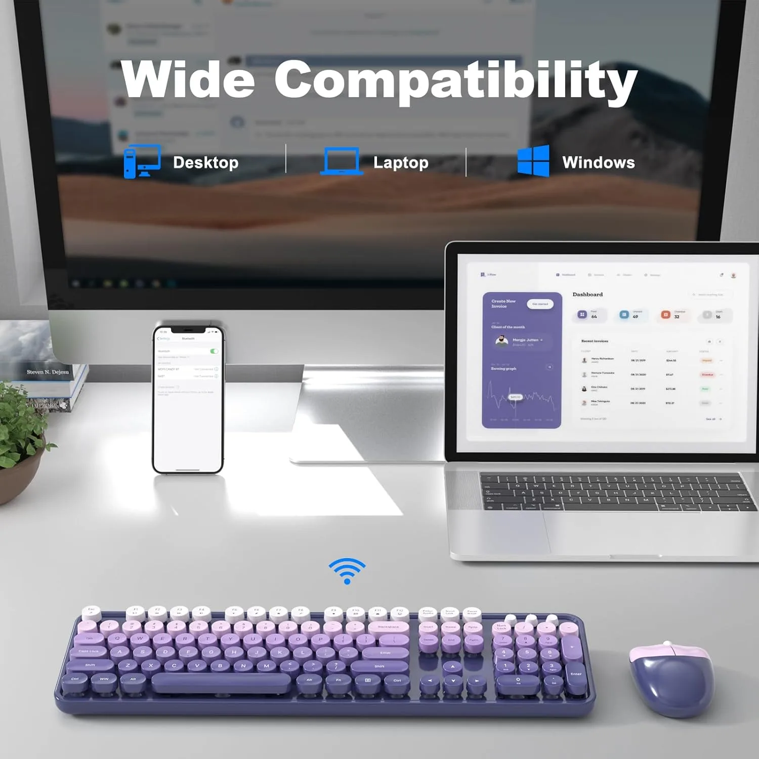 MOFII Wireless Keyboard and Mouse Combo, Full Size 2.4G Plug and Play Typewriter Retro Round Computer Keyboard and Mouse Set for Windows, Computer, Desktop, PC, Notebook - (Purple Gradient)
