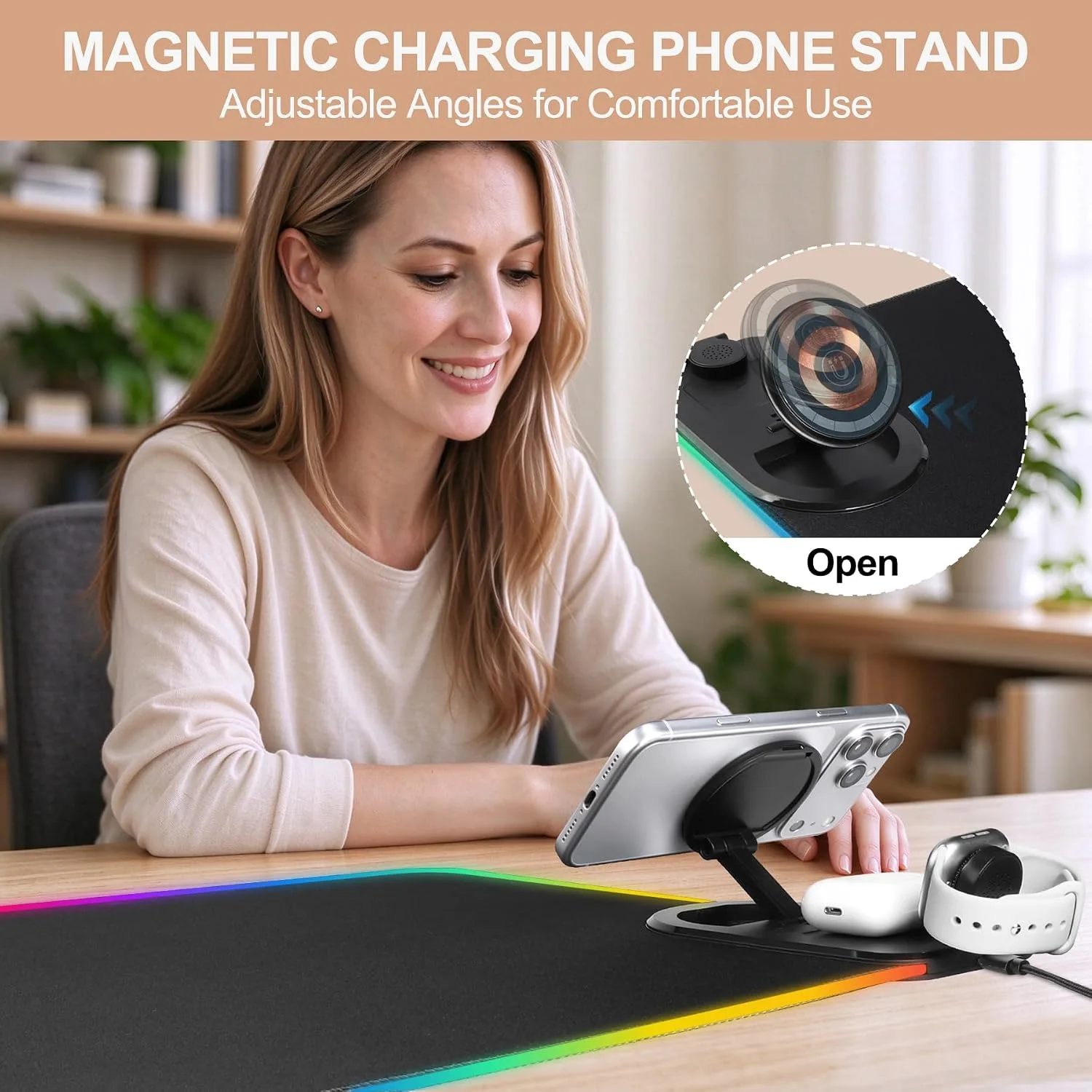 VOVIPO RGB LED Gaming Mouse Pad with Magnetic Wireless Charging&Foldable Phone Holder,15 Light Modes,15W Fast Charge,Waterproof Keyboard Pad,80*40*0.4CM XXL Ultra-Smooth Desk Mat for MacBook,PC,Laptop