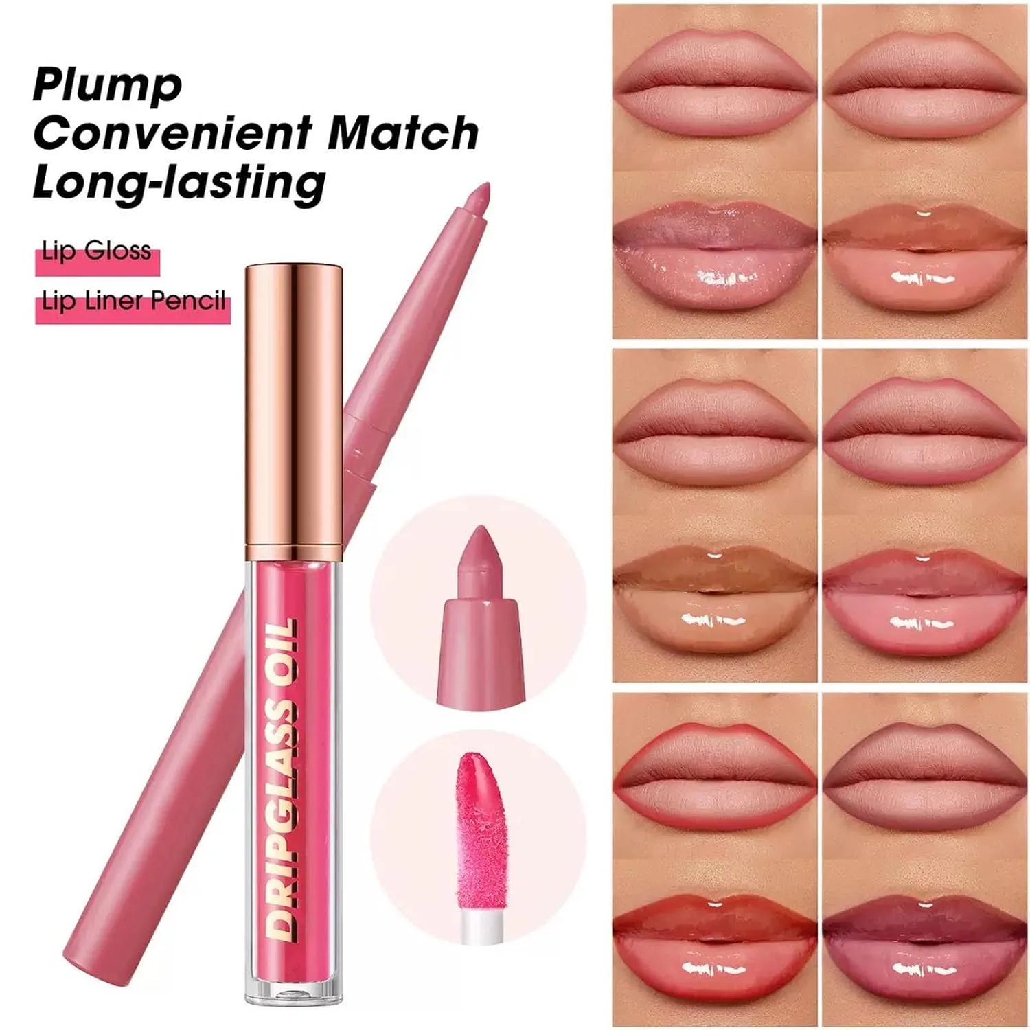 Lip Liner And Drip Gloss Lip Oil Set, 6 Shades Creamy Lip Makeup Kit For Beginner Long Lasting Dewy Lip Look (12#)