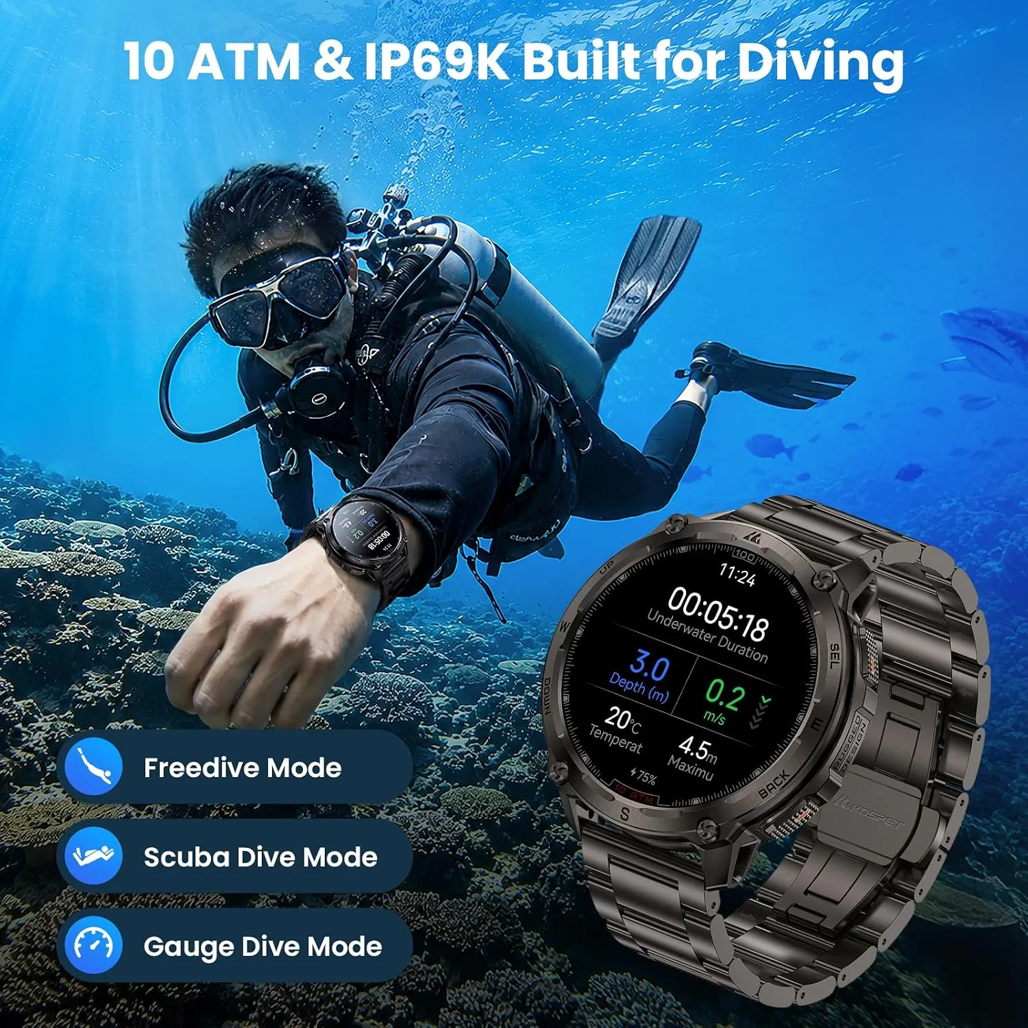 KOSPET Tank T4 Special Edition Smart Watch, Dual-Band GPS, Offline Maps