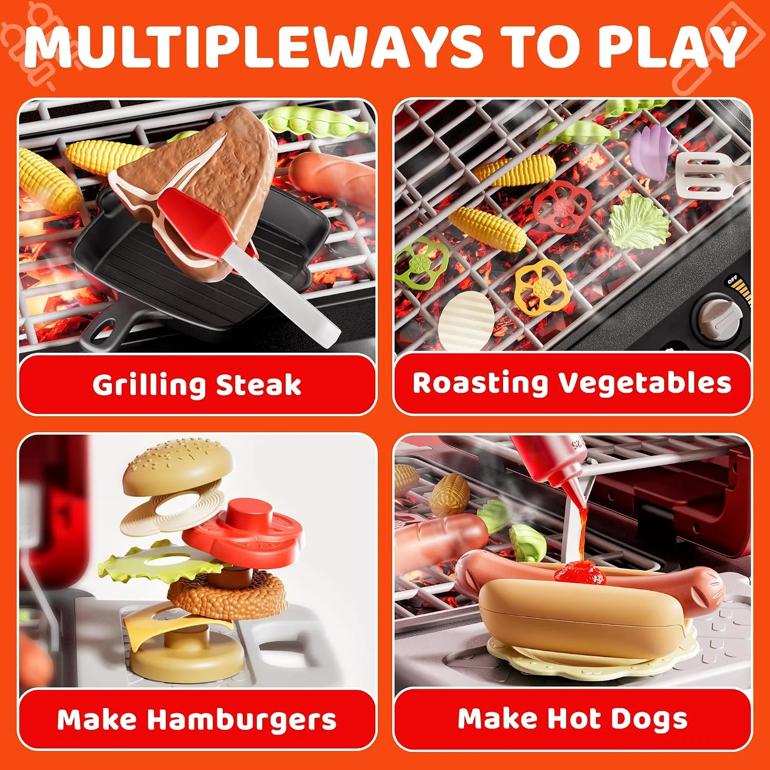 2-Tier Kids BBQ Grill Playset, Toy Grill for Kids, Outdoor Play Food