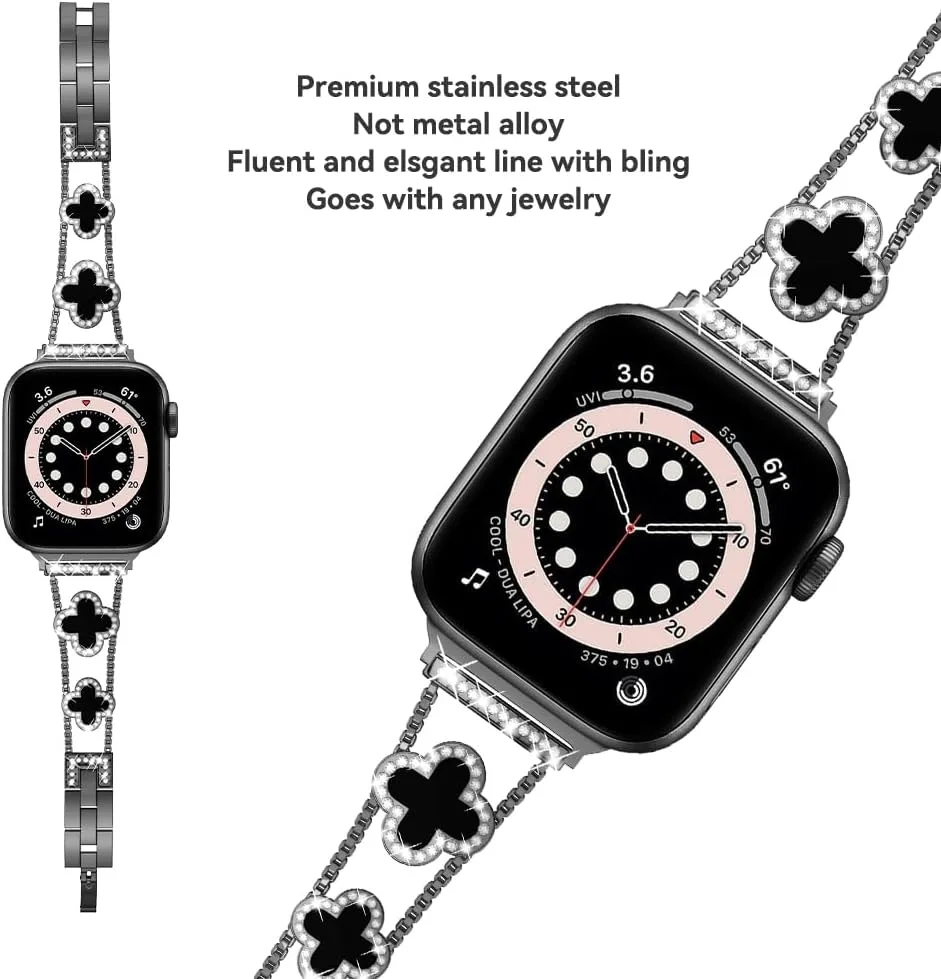 Musk-MSKR Diamond Metal Bands Add Sparkle to Your Watch For Apple Watch Series 12/11/10/9/8/7/6/5/4/3/2/SE/Ultra Clover Simple and Stylish Compatible with 38mm40mm41mm42mm44mm45mm 46mm49mm Women's Wear