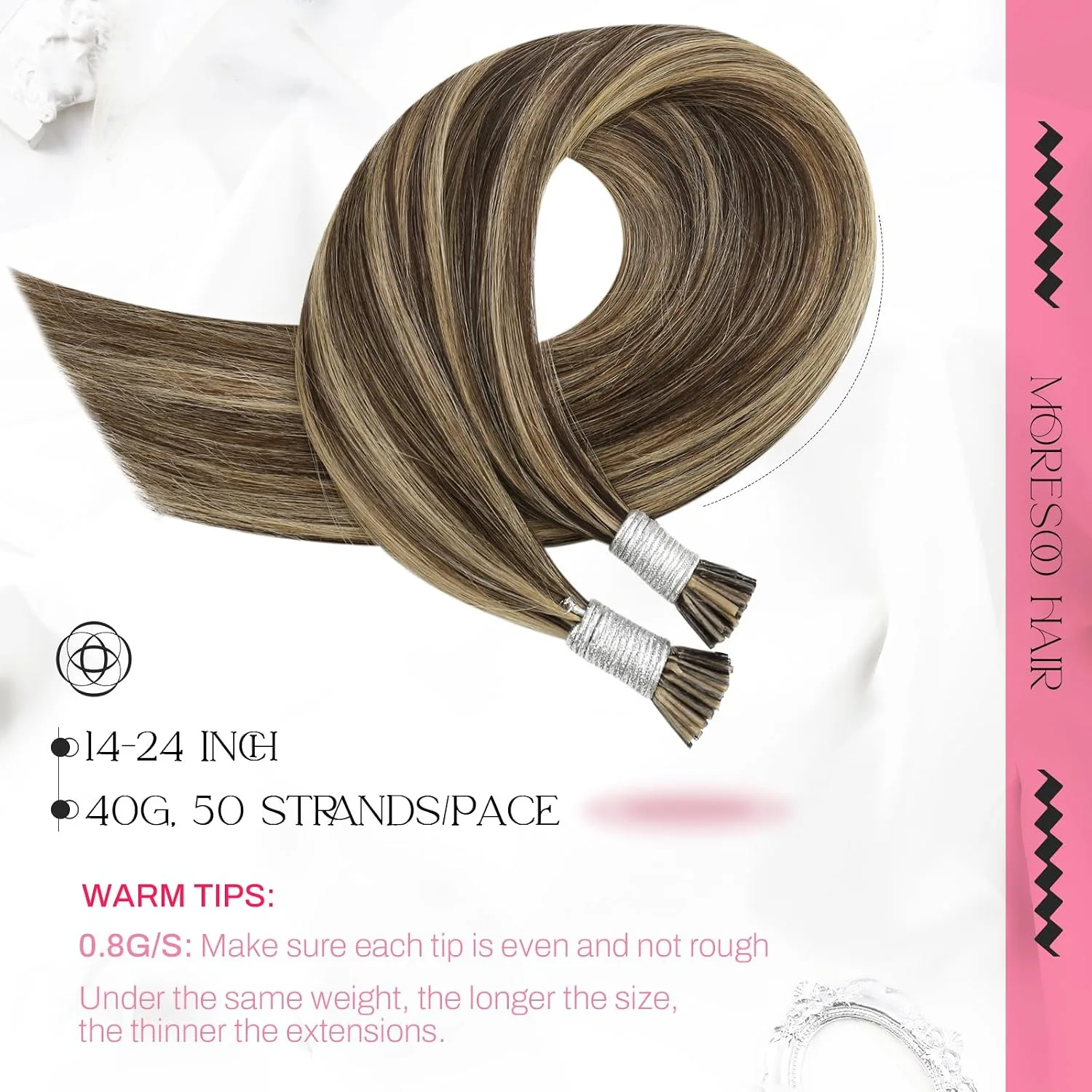 Moresoo I Tip Hair Extensions Human Hair, Brown Caramel Highlight, 20 Inch