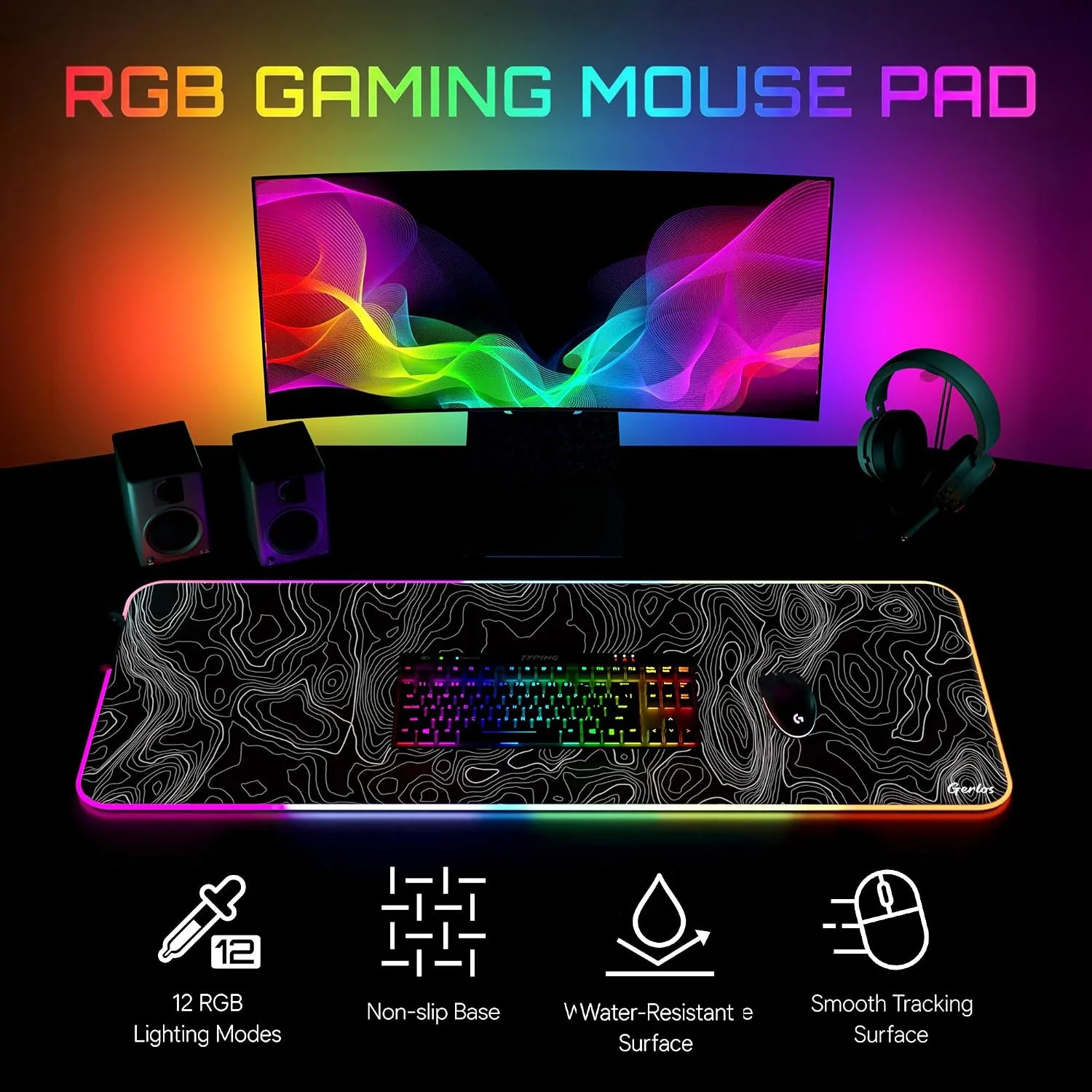 Gerlos RGB Gaming Mouse Pad, Large LED Mouse Pad for Gamer, 31.5" x 11.8"