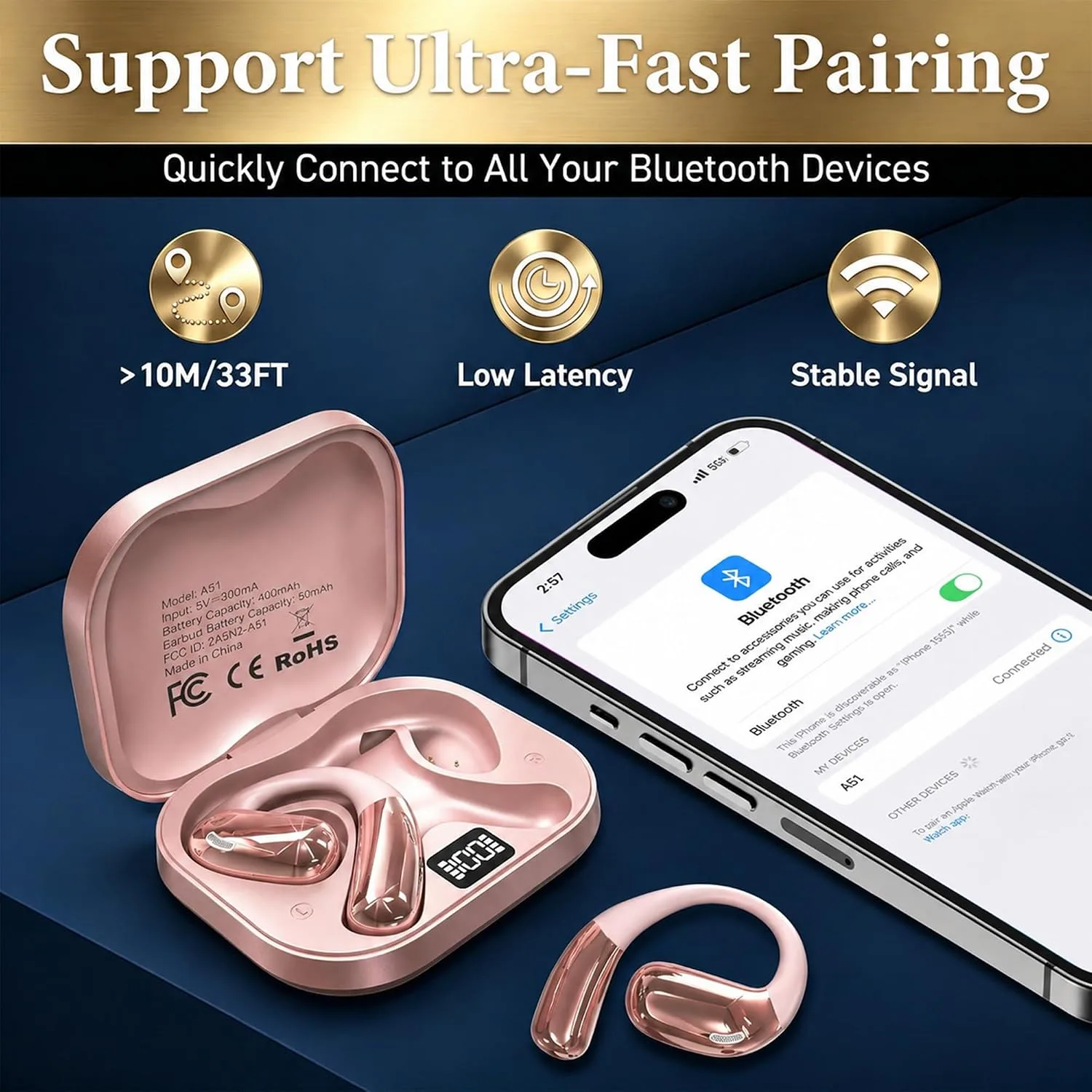 Open Ear Headphones, Wireless Headphones with Smart Digital Display & Mic