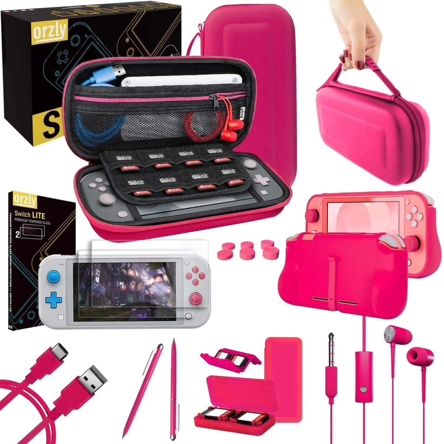 Accesorios Orzly para Switch Lite estuche y protector de pantalla rosa