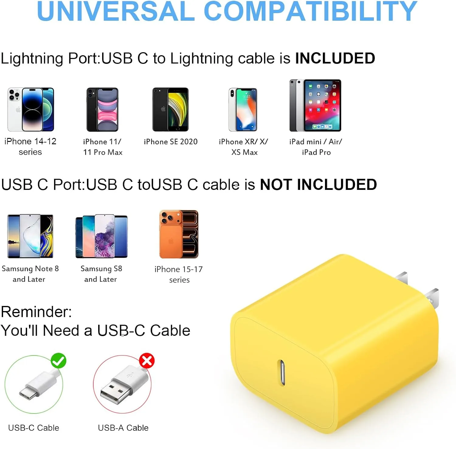 iPhone Fast Charger 3+3Pack 20W USB C Wall Charger with Extra Long 10FT Fast Charging Cable Compatible with iPhone 14/13/12/11/Pro/Pro Max-Yellow